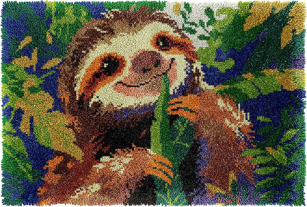 Générique Kit de Grand Tapis à Crochet à Loquet pour Adultes et Enfants Débutants, Kit Tapis Point Noué à Faire à Motifs de Paresseux, Comprend du Fil à Broder et un Crochet, Envers Antidérapant