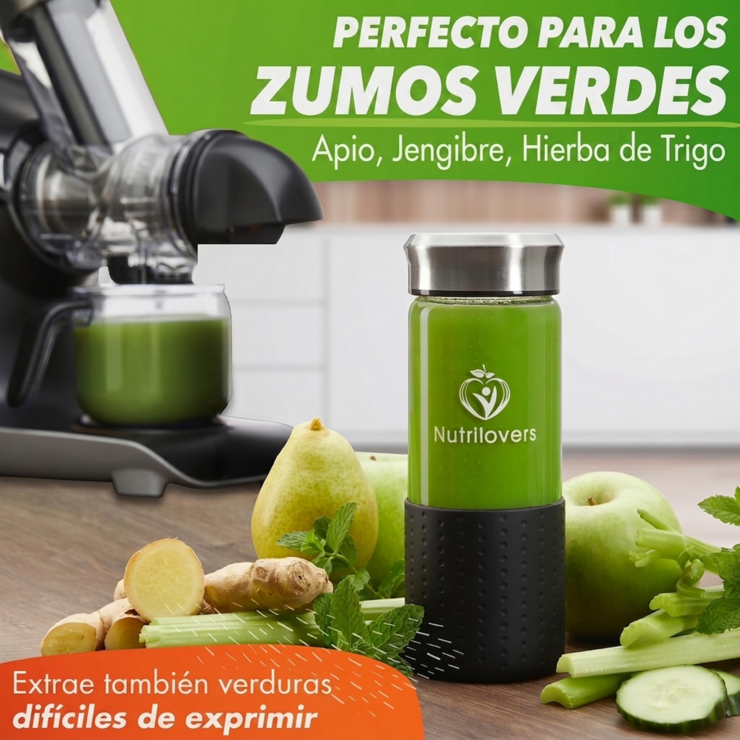 Nutrilovers Slow Juicer GREEN-PRESS MAX Licuadora extractor de jugos con tornillo de acero inoxidable, libre de BPA, ganador de pruebas, exprimidor eléctrico