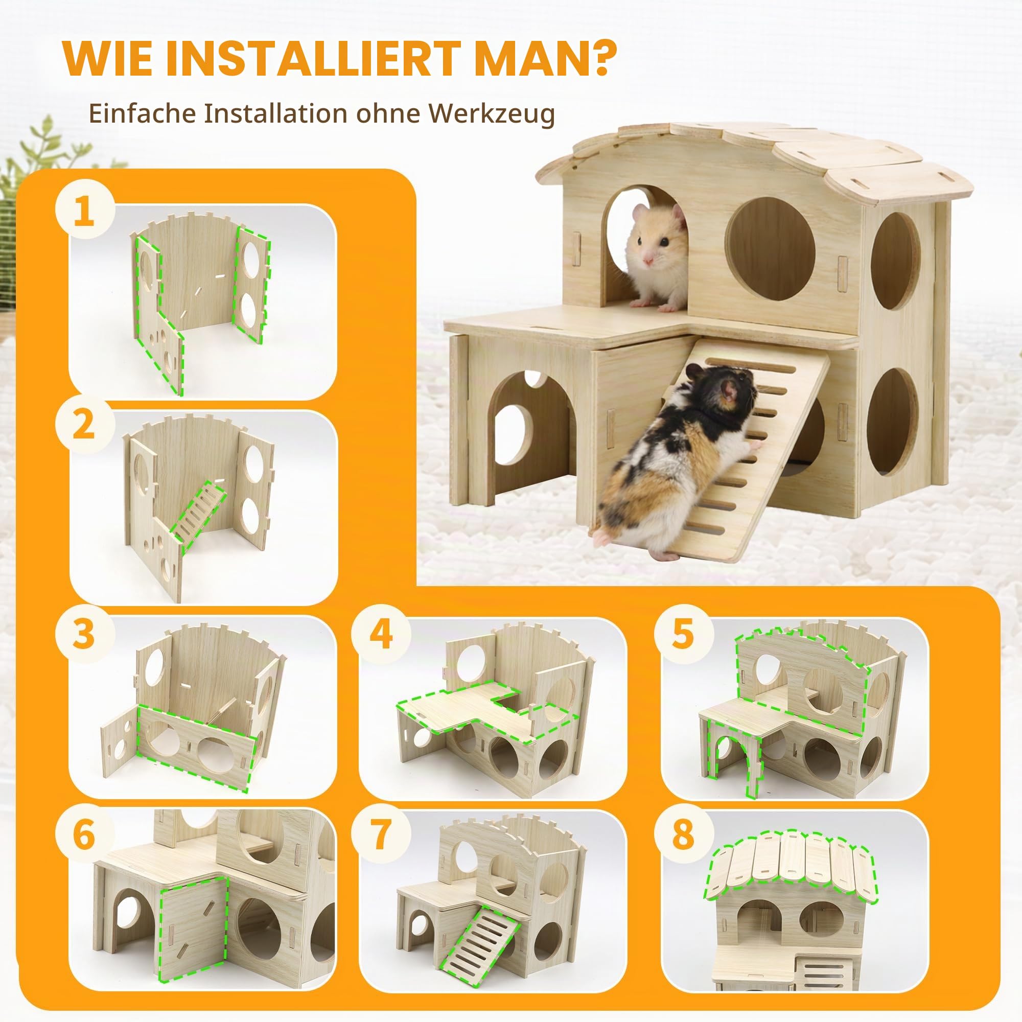20-teiliges Hamsterkäfig-Zubehörset, 24 cm leises Hamsterrad, Kauspielzeugset, Holzhaus und Trinkflasche mit Ständer für Chinchillas, Kaninchen, Meerschweinchen, Ratten und andere Kleintiere (Gelb)