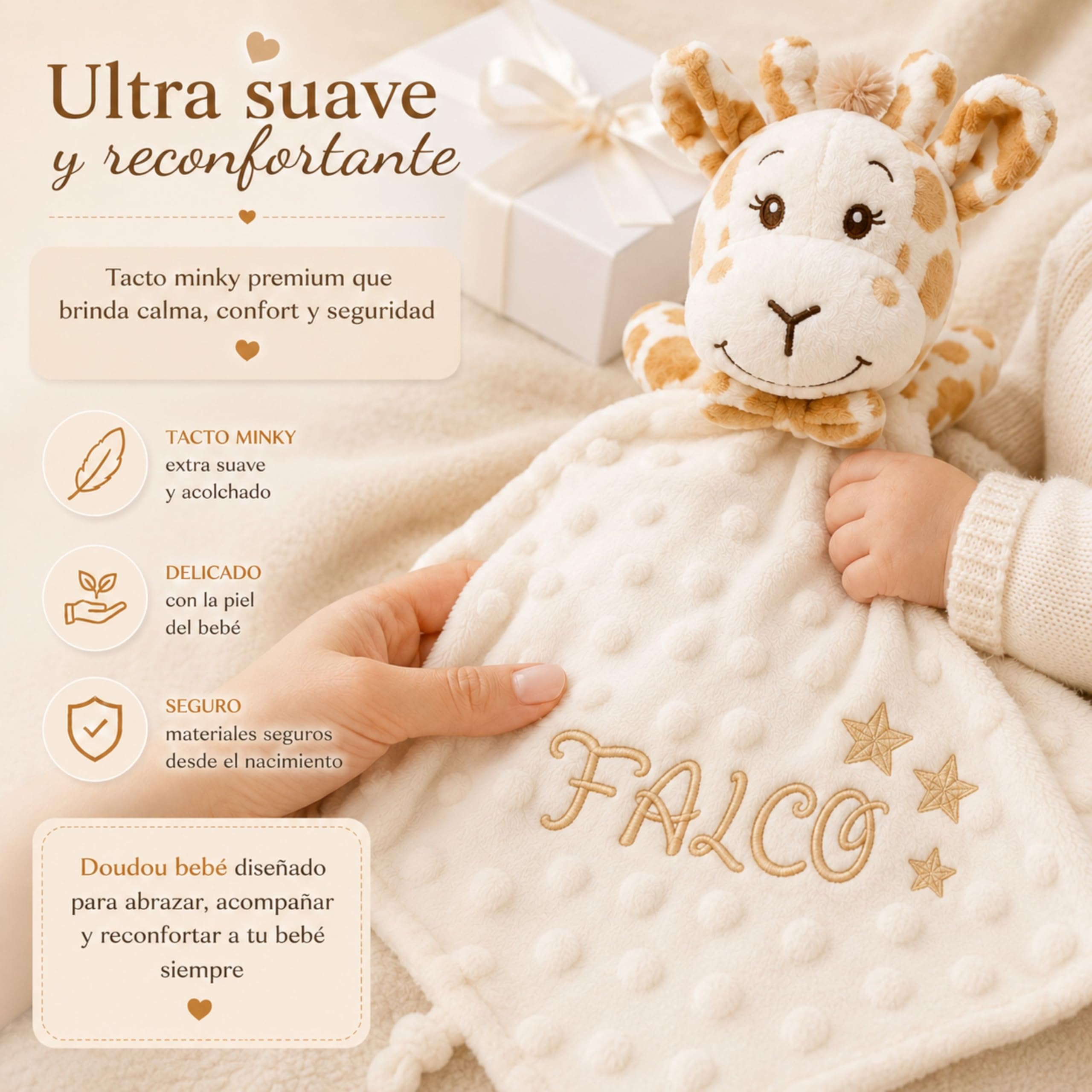 Balu Dudú Jirafa Personalizado con Nombre Bordado │ Doudou Bebé Minky Ultrasuave │ Manta de Apego para Recién Nacido │ Lavable a 30° │ Regalo Bebé Original Baby Shower Niño Niña (JIRAFA BEIGE)