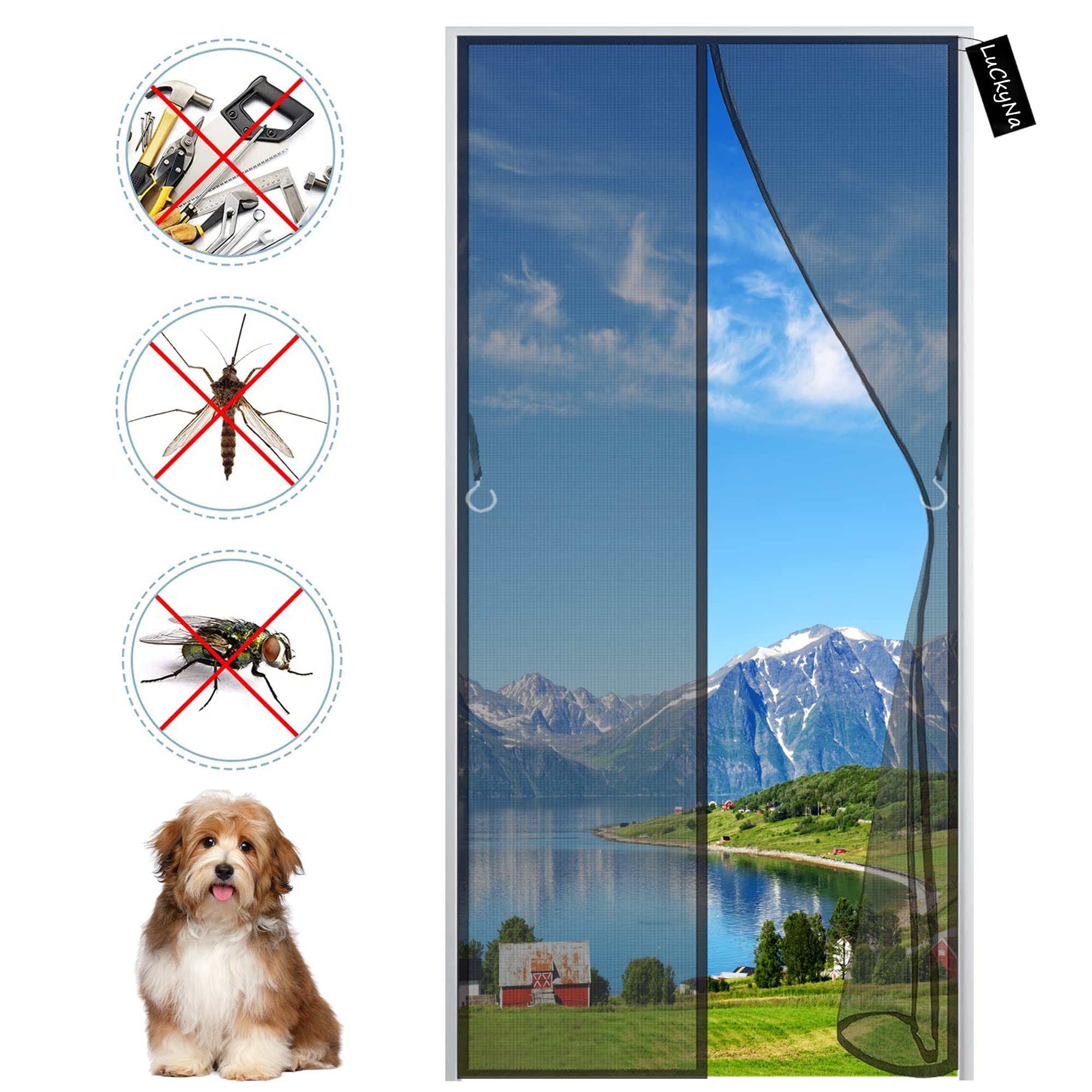 Luckyna Black Magnetic Fly Screen Door 180X200cm(71X79inch) Heavy Duty Mesh Curtain Screen Doors - Door Screen For Keeping Insects Out - Keep Fresh Air In & Bugs Out