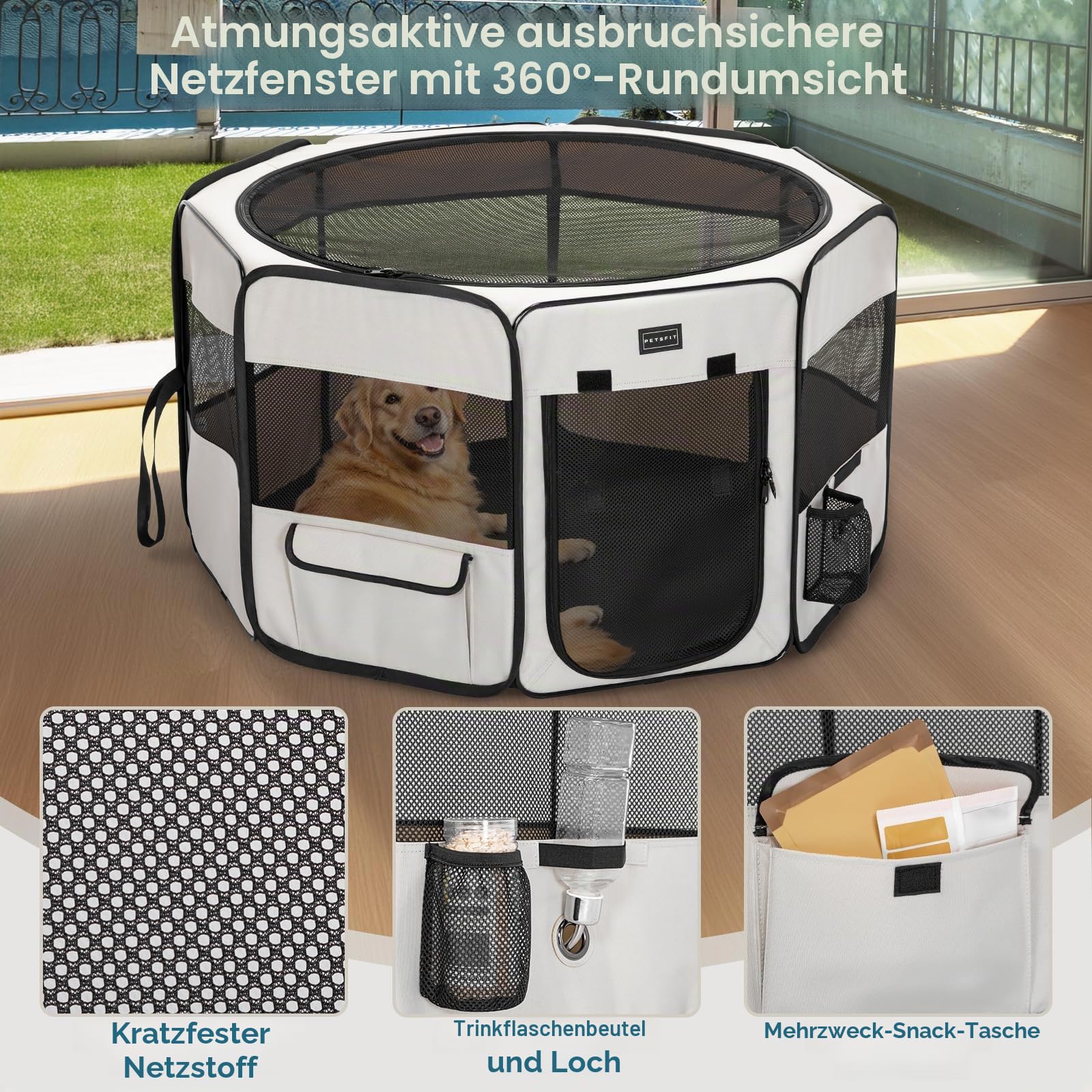 PETSFIT Hundegehege für den Innenbereich, Anti-Auslauf-Unterseite, faltbar, zusammenklappbar, Welpenlaufstall, kaufestes Design, Hunde-Laufstall innen, 116 × 106 × 72 cm, Beige