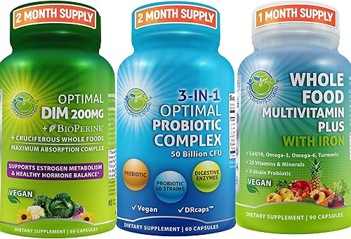Trío de equilibrio hormonal y salud digestiva – DIM 200 mg con BioPerine® y verduras crucíferas + probiótico 3 en 1 con prebióticos y enzimas +