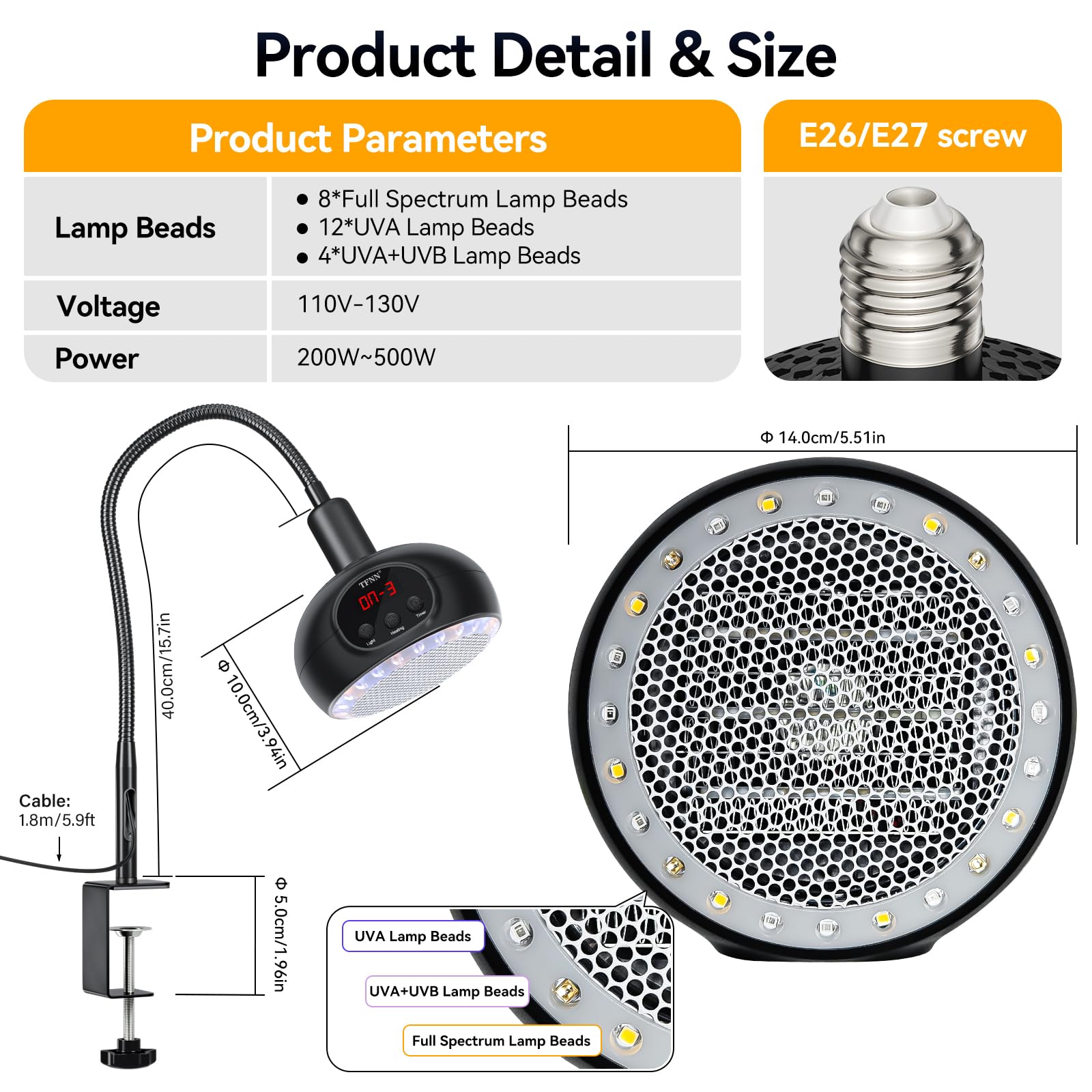 Heat Lamp for Chickens with Holder，200W-350W-500W Reptile Heating Lamp with UVA UVB Ligh 3-6-9-12H Timer, Protable Greenhouse Heater for Outdoor Chicken Coop Indoor Reptile Rabbits Dog Cats - image 2