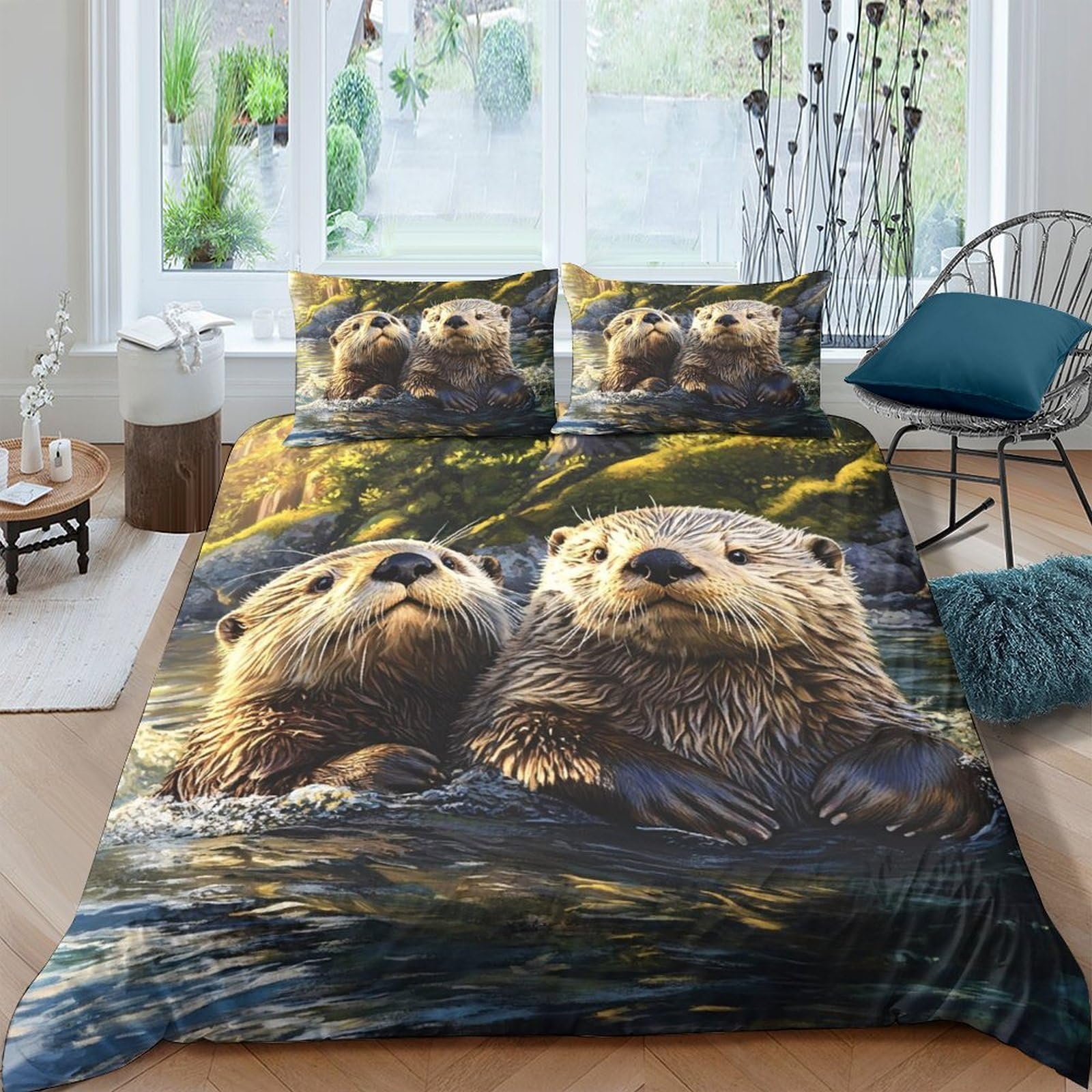 GPLZQXKJNH 3D Printed Otter Water Scene Duvet Cover Microfiber Soft Breathable Lake Wildlife Bedding Set with 2 Pillowcases for Bedroom Decor Single（135x200cm）