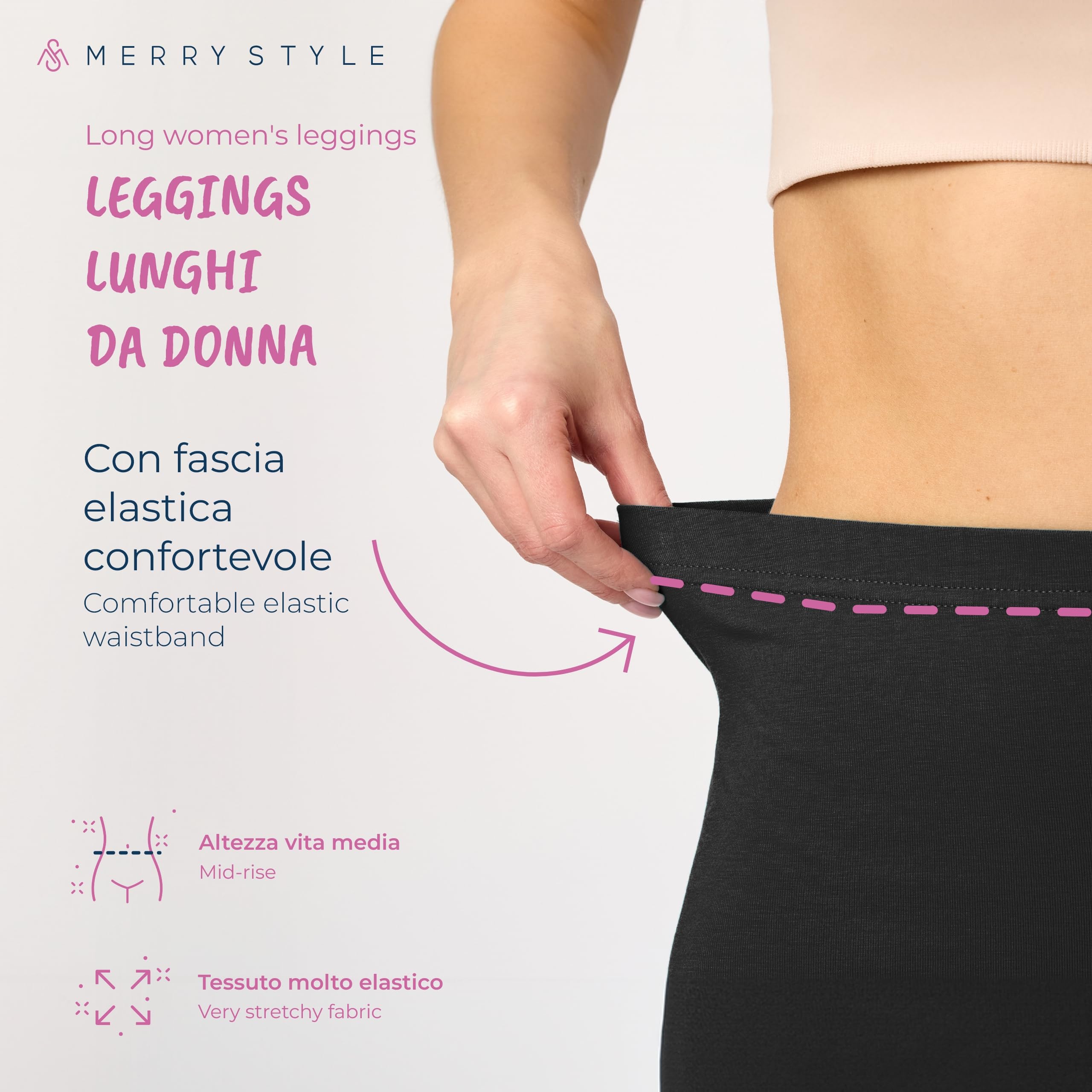 Merry Style Lunghi Leggings Fuseaux Sportivi da Donna Pratico Modello a Vita Alta in Cotone Naturale MS10-198