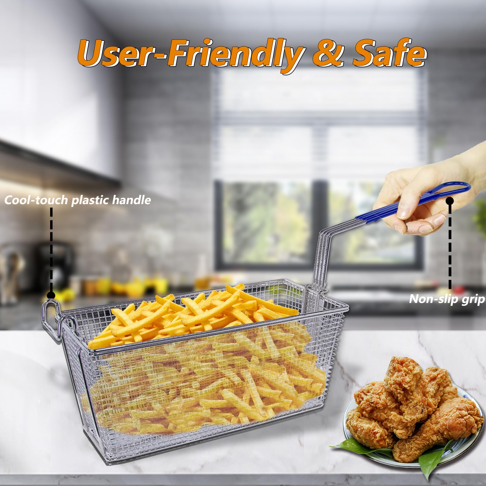 Hakka Fry Basket, Commercial Deep Fryer Basket with Non-Slip Construction Handle for Restaurant Use, 4 Pcs, 13 1/4