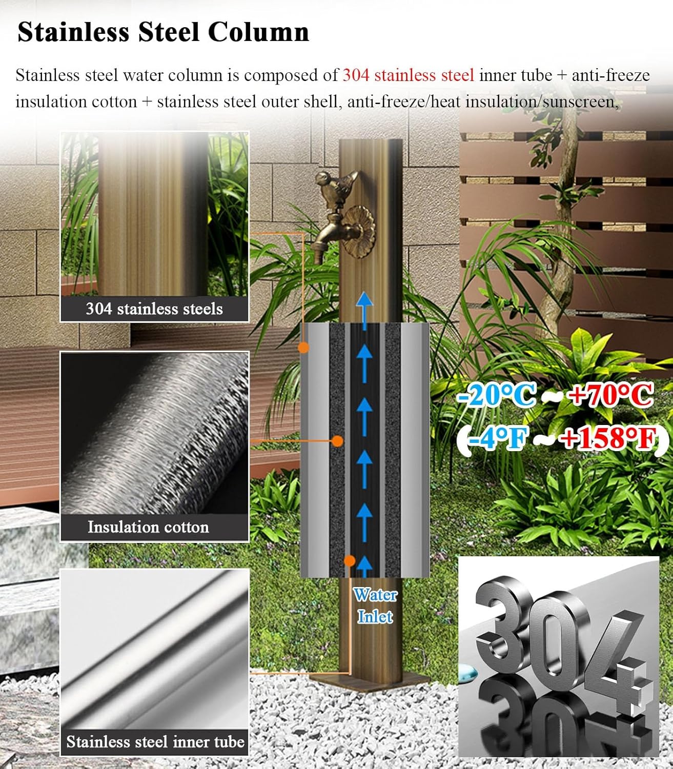 Outdoor Stainless Steel 34" Tall Column Faucet with Square Water Tap Post Freestanding Vertical Hose Holder for Garden Farm Courtyard Watering Irrigation Floor Mounted Pillars(Brown Tall 86Cm/33.8In)