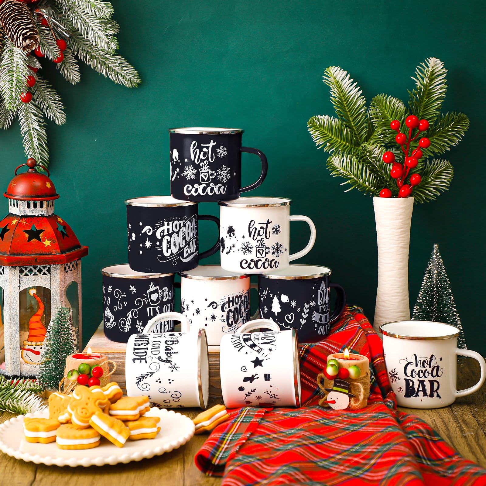 Yaomiao 9 Stück heiße Kakaobar-Emaille-Tassen mit Griffen, Weihnachts-Kaffeetassen, 340 ml, saisonale Emaille, lustige weiße und rote Teetassen für Weihnachten (gemischter Stil)