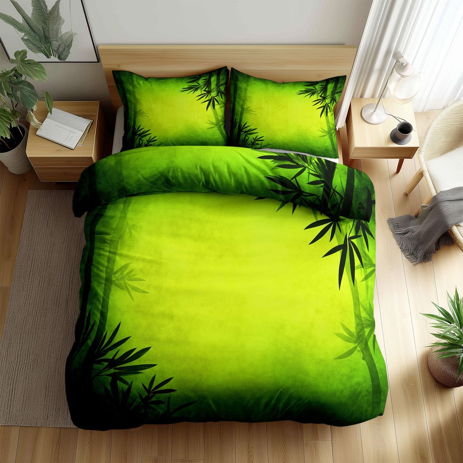 Housse de couette enfant forêt de bambous verte 140x200 pour une chambre style asiatique apaisante