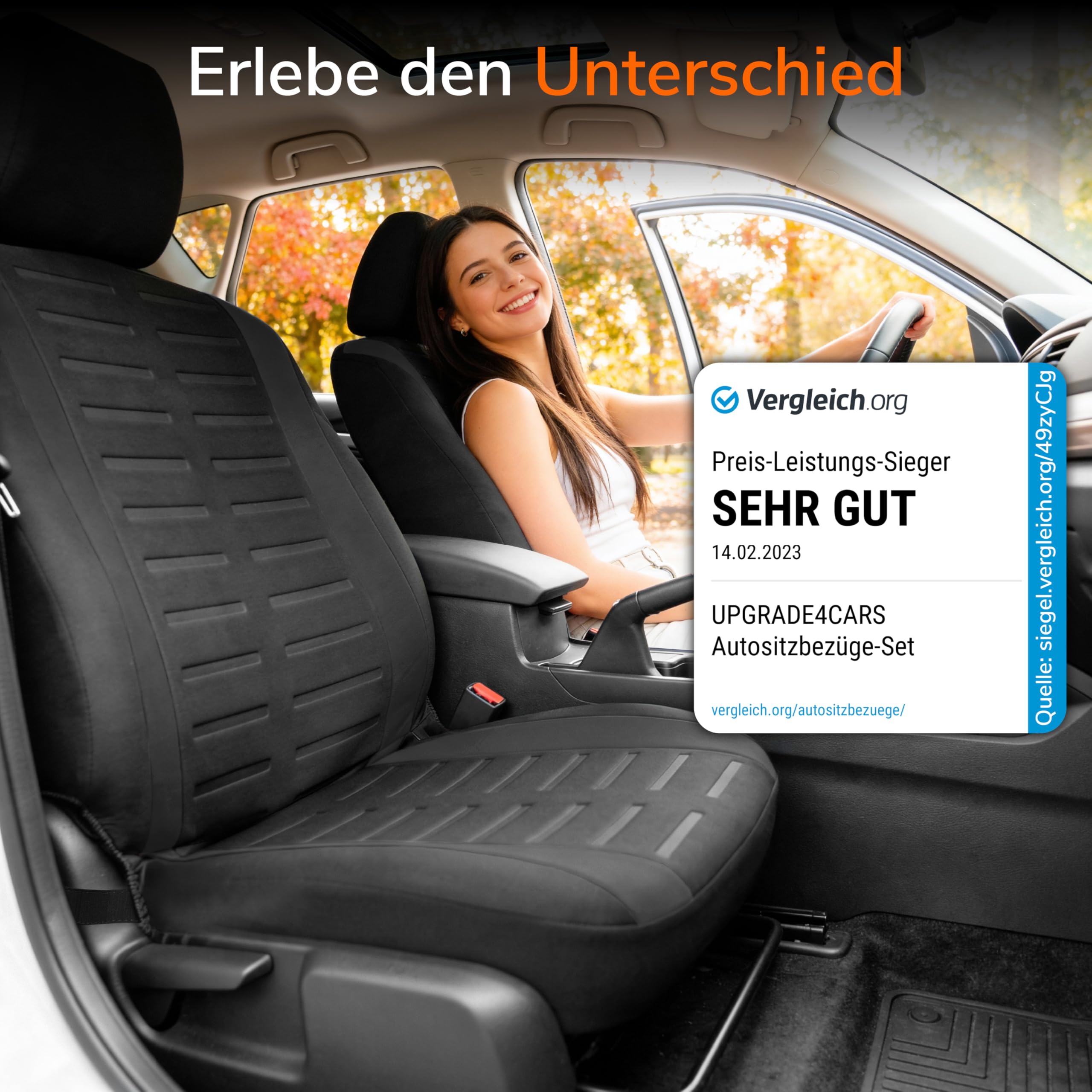 Upgrade4cars Autositzbezüge Set für die Vordersitze Version 2026 | Auto-Schonbezüge Universal in Schwarz für Fahrersitz & Beifahrer | Autozubehör Innenraum Deko