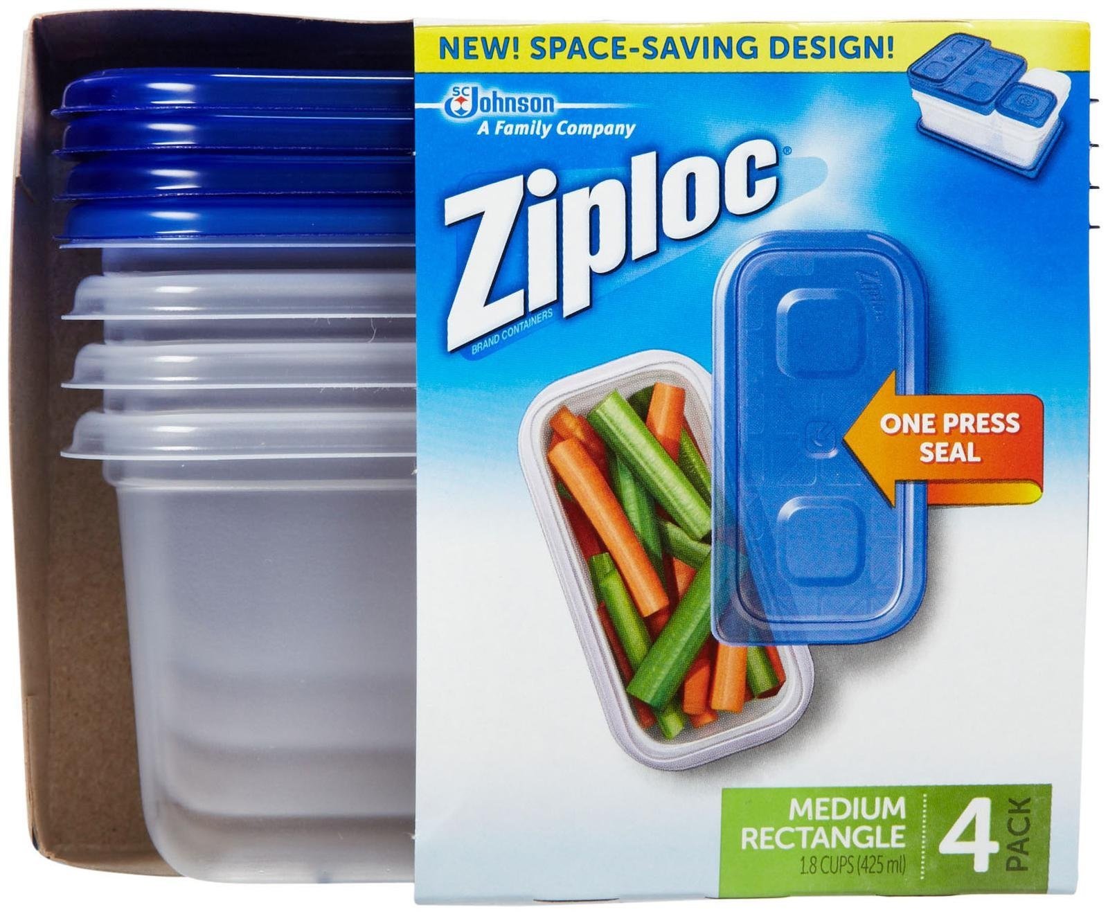 Ziploc Medium Rectangle One Press Food Storage Container, 4 count per pack - 6 per case.