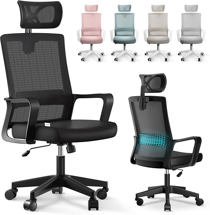 JUPPLIES Silla Escritorio Ergonomica - Silla Oficina Ajustable y Reclinable con Soporte Lumbar, Reposacabezas Ajustable, Malla Transpirable, Ruedas Giratorias 360° Soporta hasta 100kg