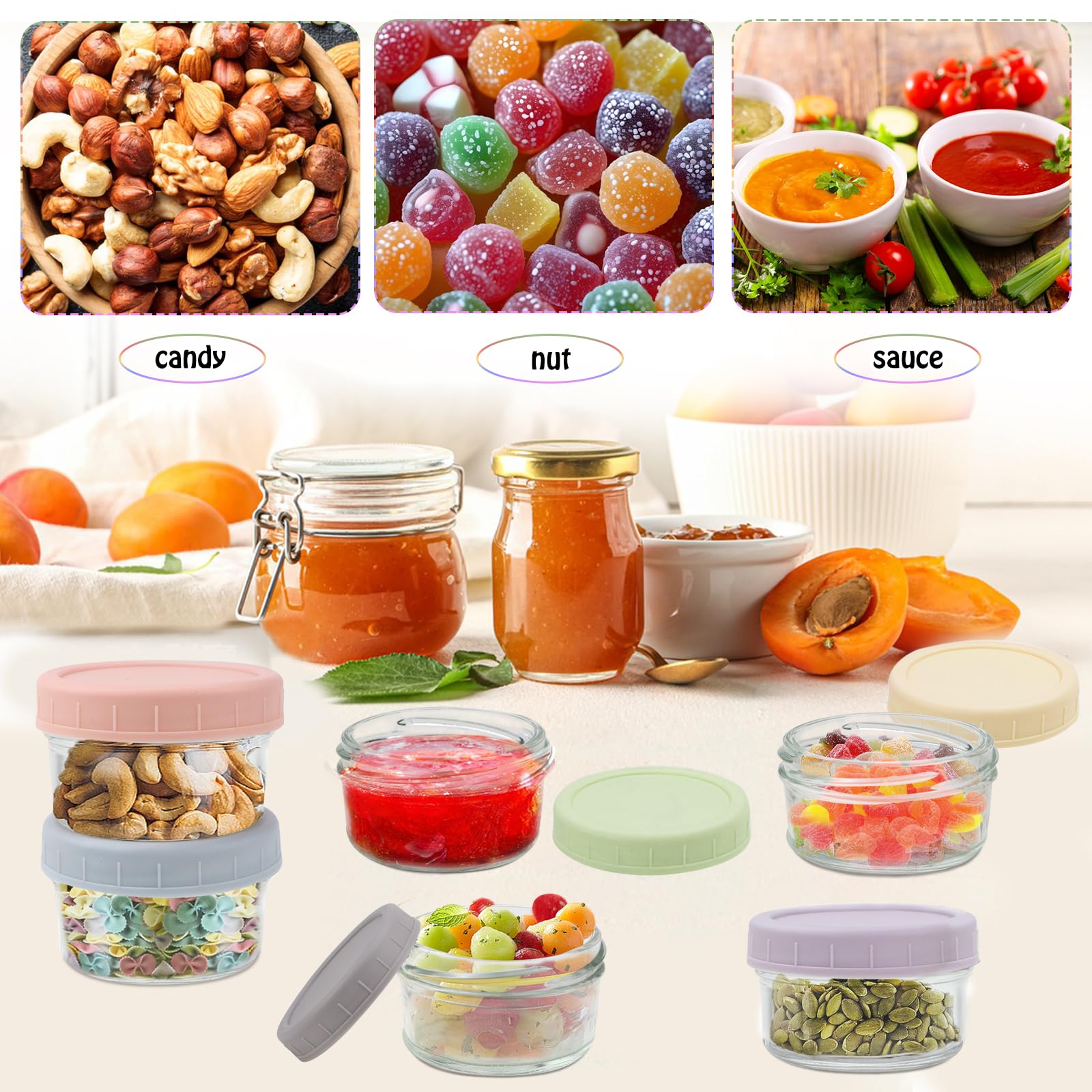 Voorraaddozen, vershouddozen met deksel, 6 stuks, 80 ml, glas, mini-doos, dressing containers, voedselcontainers, set voor magnetron, vriesvak