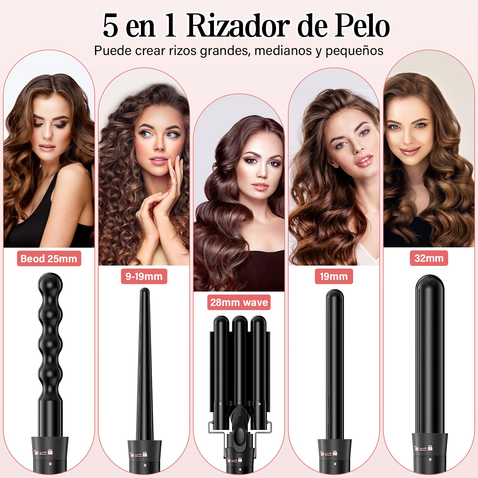 Rizador de Pelo 5 en 1 con 5 Accesorios Intercambiables, Rizador Pelo Ondas, Plancha Ondas de Cerámica, Temperatura Ajustable, Calentamiento Rápido, Rizador Tres Barriles para Rizos y Ondas