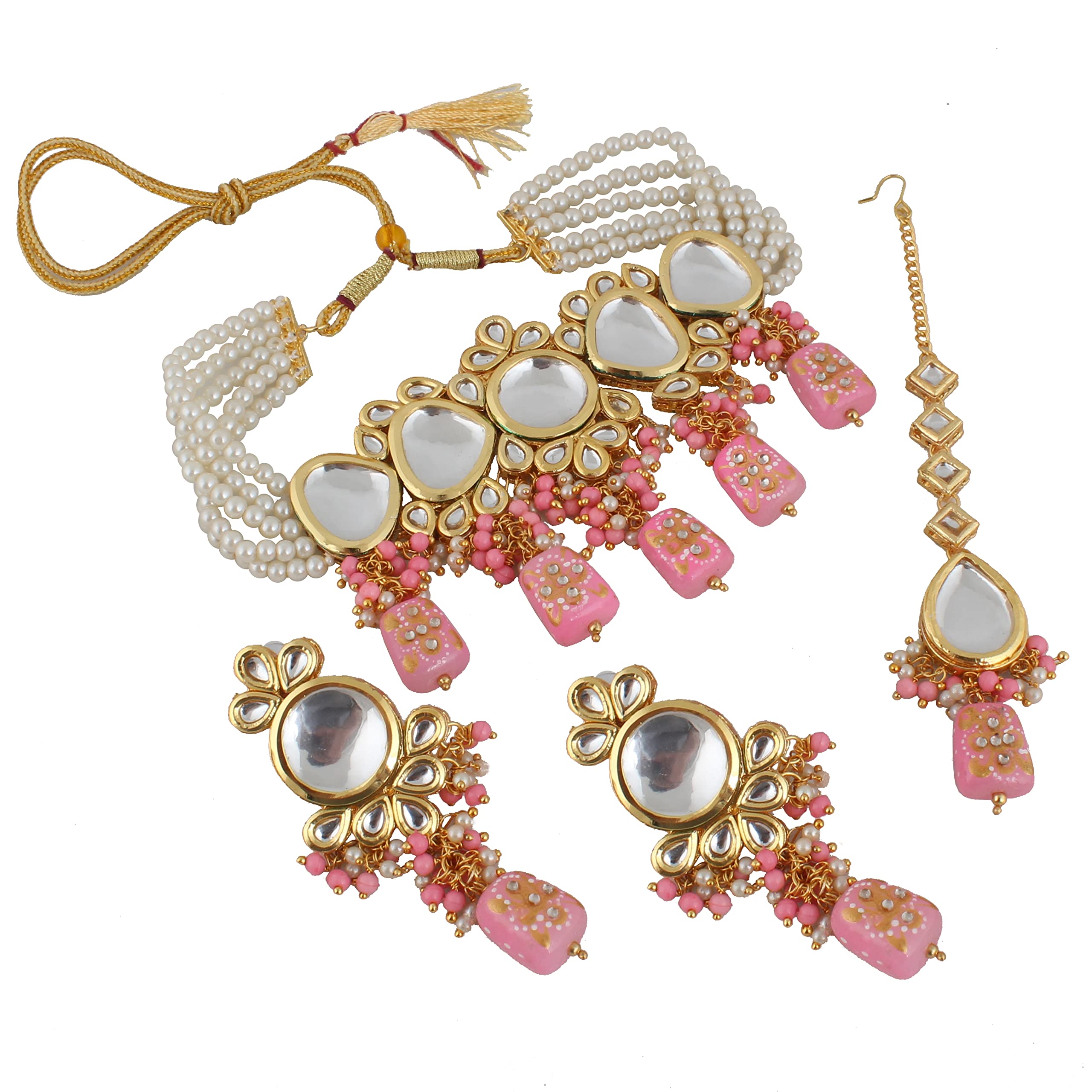LUCKY JEWELLERY Back Meenakari 18k Gold Plated Pink Color Tika Earring Combo Jewellery Set Uncut Kundan Big Faux Kundan Dibbi Kundan Choker Necklace Set for Girls & Women (B0BFHV146S) Amazon Price History, Amazon Price Tracker