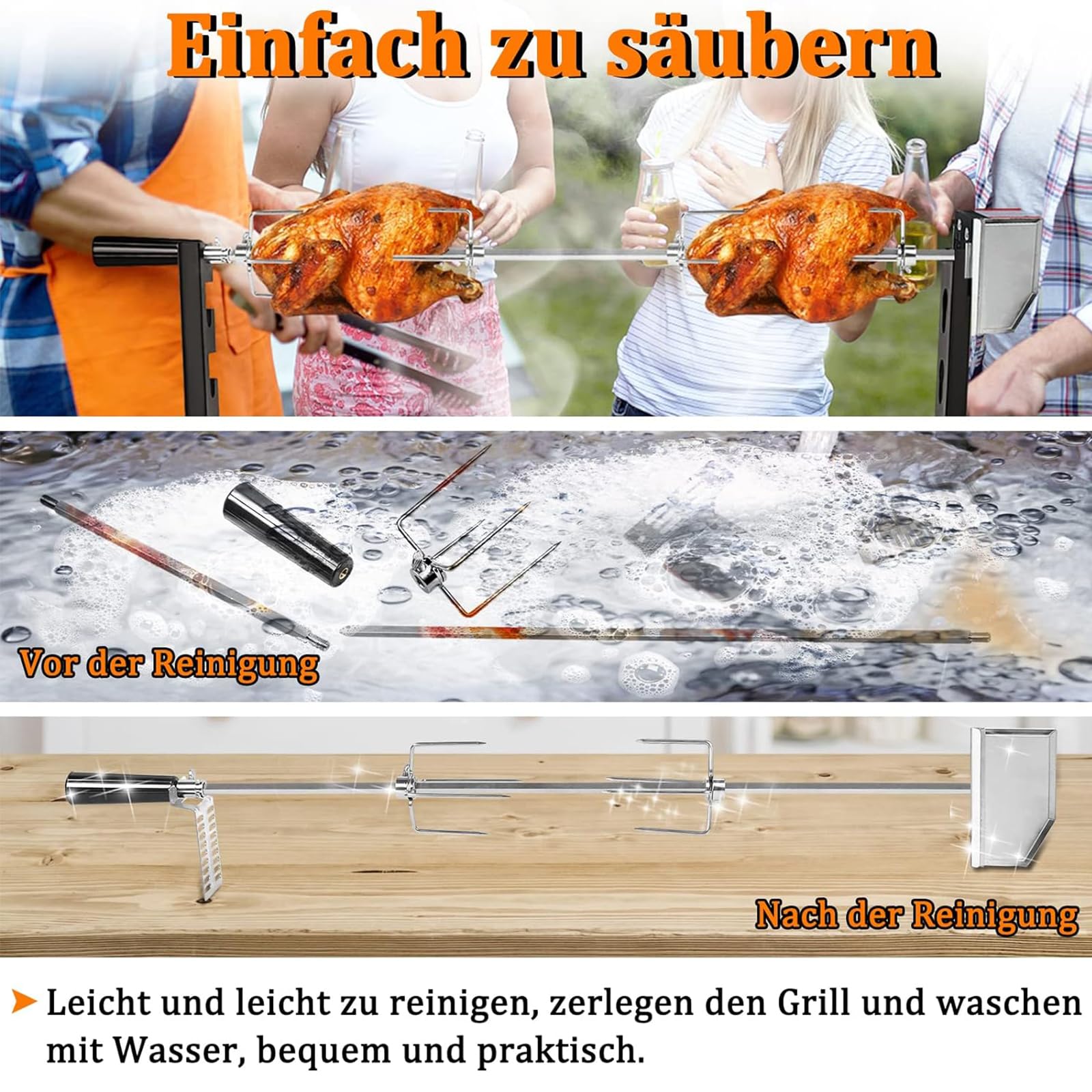 YUENFONG Grillspieß Motor Set, Edelstahl Grillspieß Motor 220-240V, Grillspieß 107cm, Elektrischer Drehspieß mit 2X BBQ Fleischnadeln, für Außenaktivität, Camping-Picknicks, Partys
