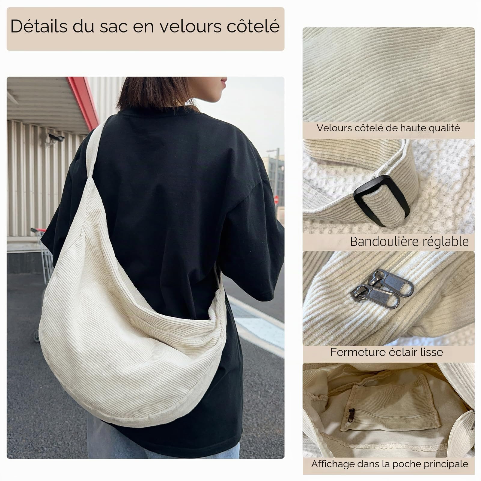 Sac Bandoulière Femme En Velours CôTelé Pour Sac à Main, Velours Côtelé Sac à Main Bandoulière Loisirs Sac Banane Tote Bag Pour l'école Le Bureau Le Travail Les Voyages Les Excursions