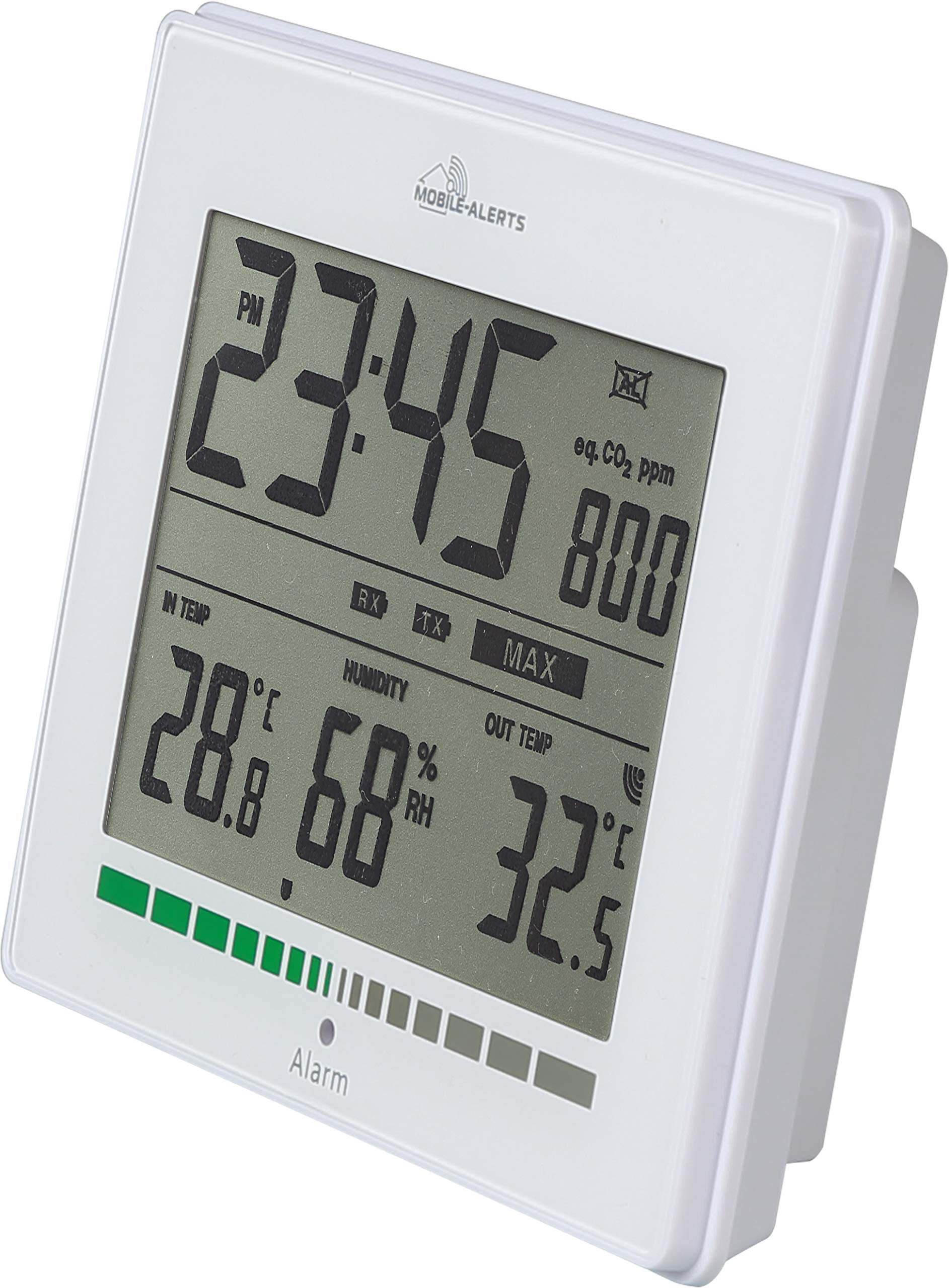 technoline MA10402 monitor jakości powietrza, mierzy jakość powietrza, alarm za pośrednictwem LED w przypadku złej wartości ppm = zalecenie wentylacji, wskaźnik temperatury, wskaźnik wilgotności
