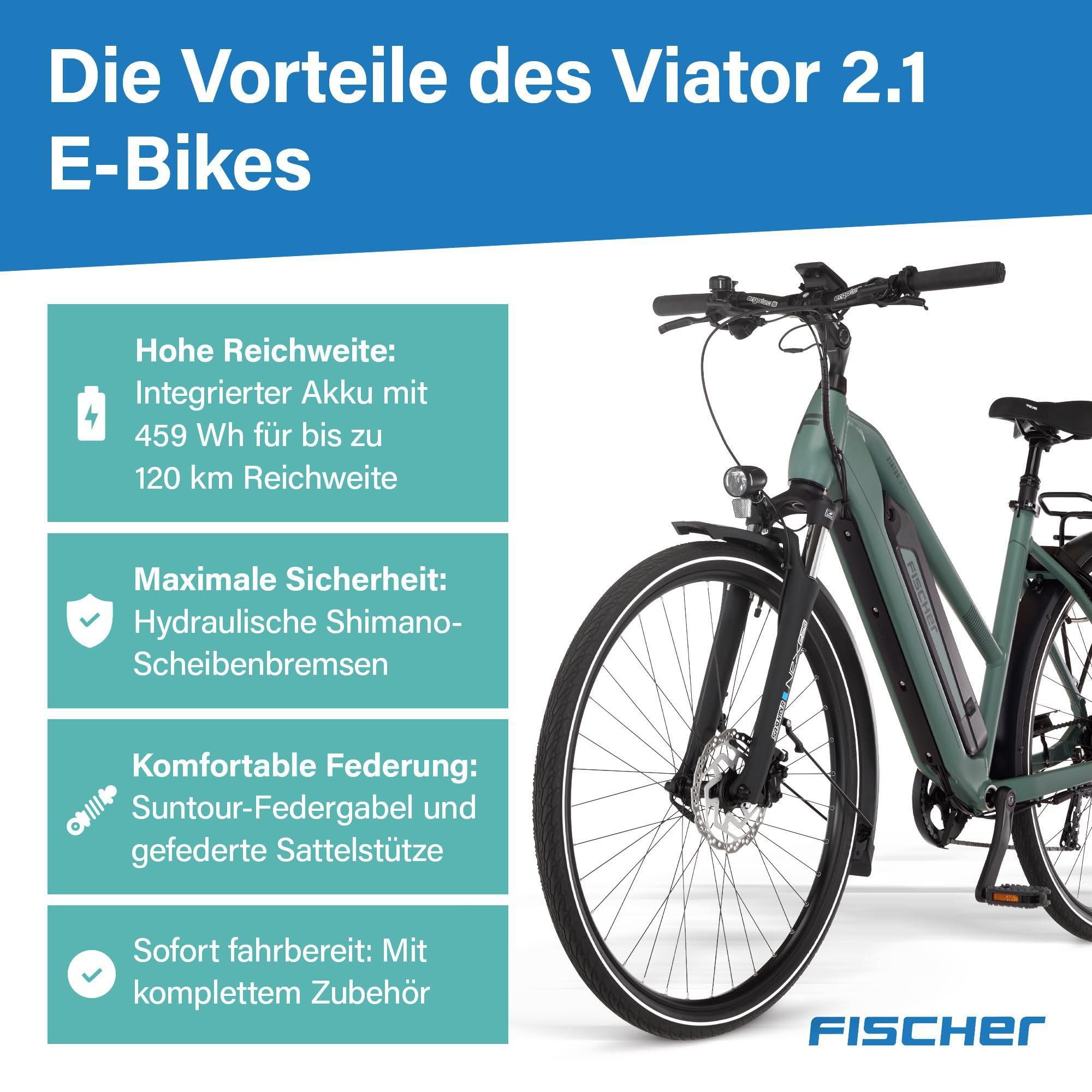 Fischer E-Bike Trekking VIATOR 2.1 Active, Elektrofahrrad für Damen und Herren, RH 45, 459Wh, Heckmotor 50Nm, 48V