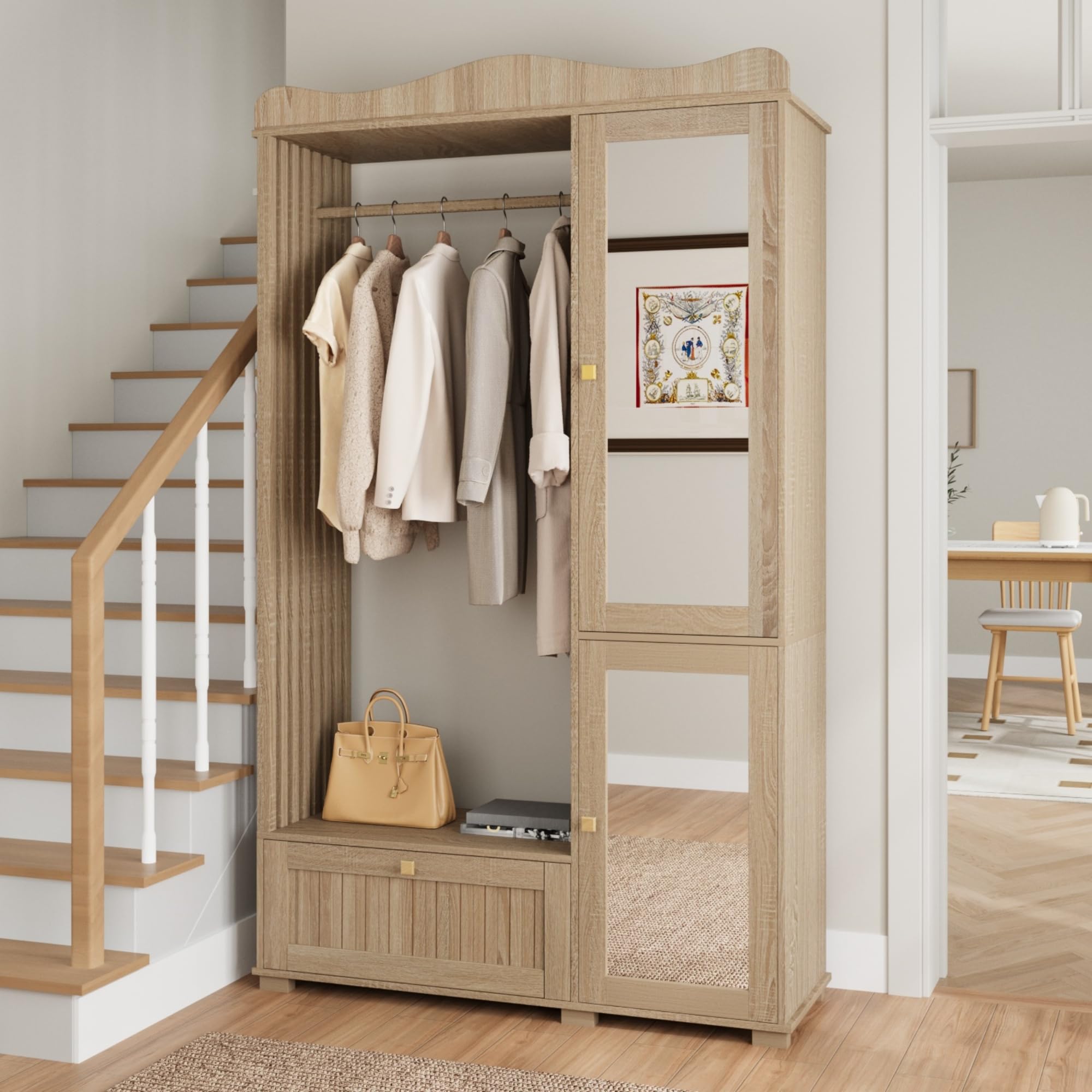 Garderobenschrank mit Spiegel, Garderobe Garderobenset mit Schublade und 2 Türen, Flurgarderobe Flur Möbel, Eichenholzfarbe, 115.5x38.5x194.5 cm