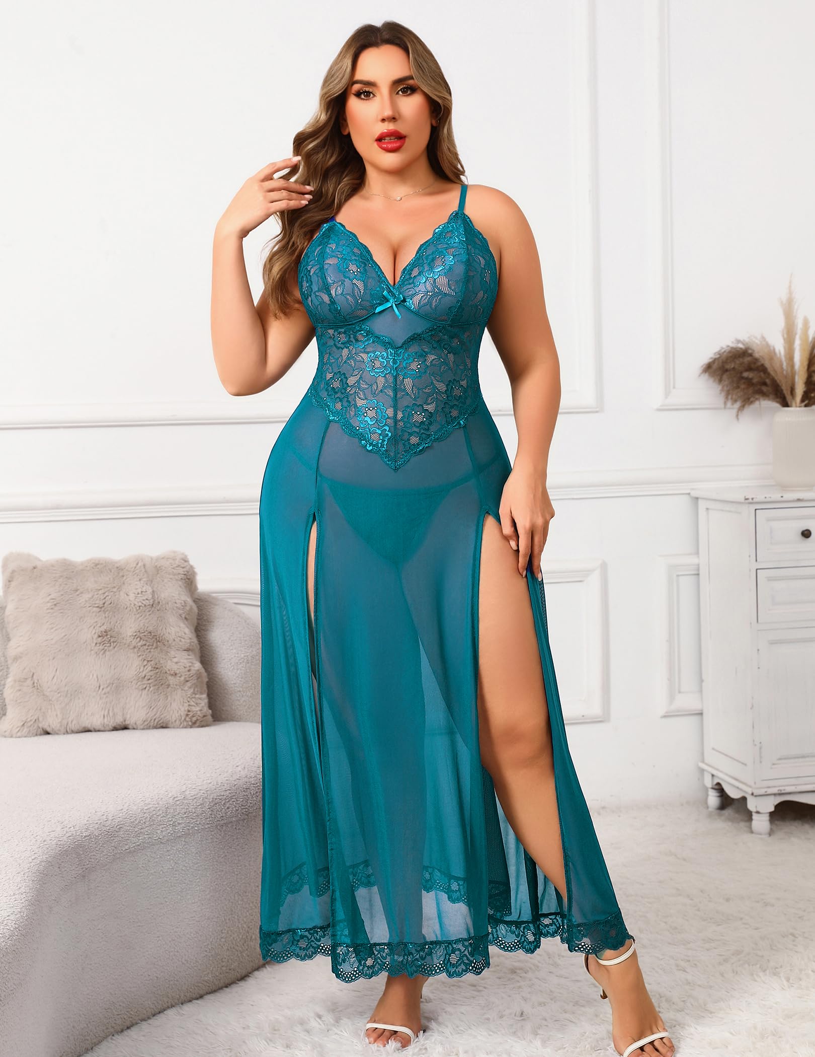 Avidlove Plus Size Lingerie for Women Sexy Lace Babydoll Long Lingerie Dress Side Split Nightgown: Blue Green X-Large