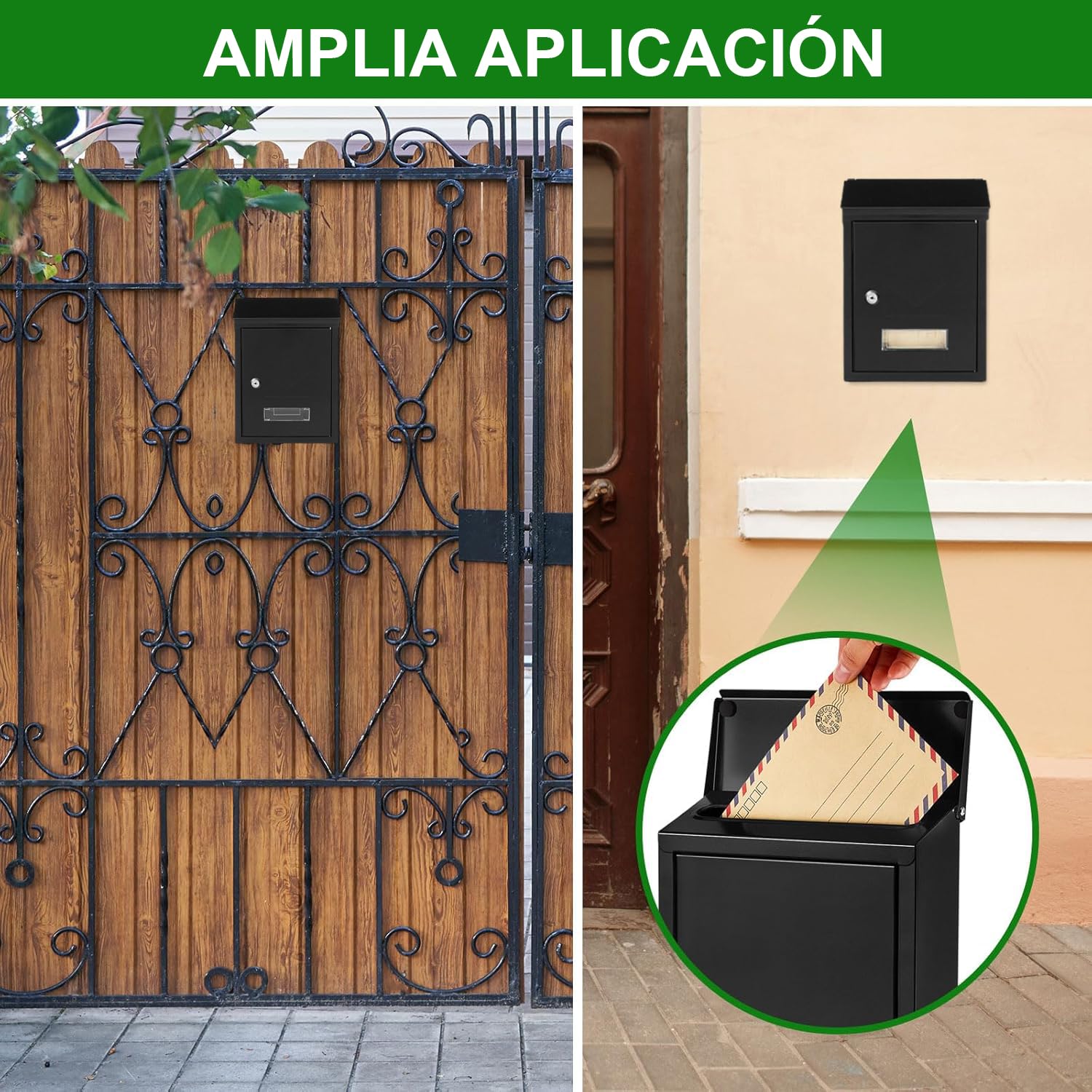 Buzón de Pared Correo con Tapa Antilluvia, Buzón de Exterior de Metálico con Cerradura y Llaves, Buzón Impermeable de Gran Capacidad para Cartas, Fácil de Instalar (30x21.7x7cm, Negro)