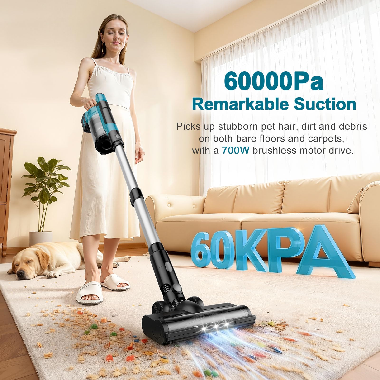 700W/60KPa/70Mins Aspirateur Balai sans Fil Puissant avec 2*4,0Ah Batteries Amovible, avec Rechargeable Support Mural, Brosse Anti-Enchevêtrement, Écran LED, pour Sols Durs/Animaux/Voiture