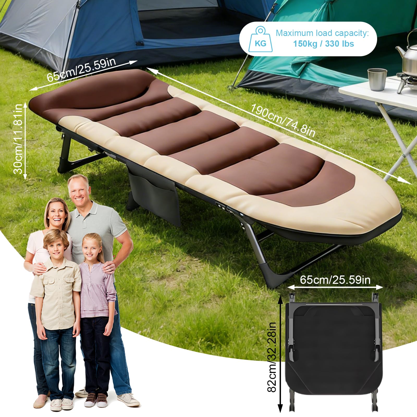 Lit de Camp Pliable, Dossier RéGlable 6 Positions, Lit de Camping Adulte,Matelas et Poche LatéRale Inclus, Supporte Jusqu'à 150 Kg, Idéal pour La PêChe, Le Camping et Le Jardin. (Marron)