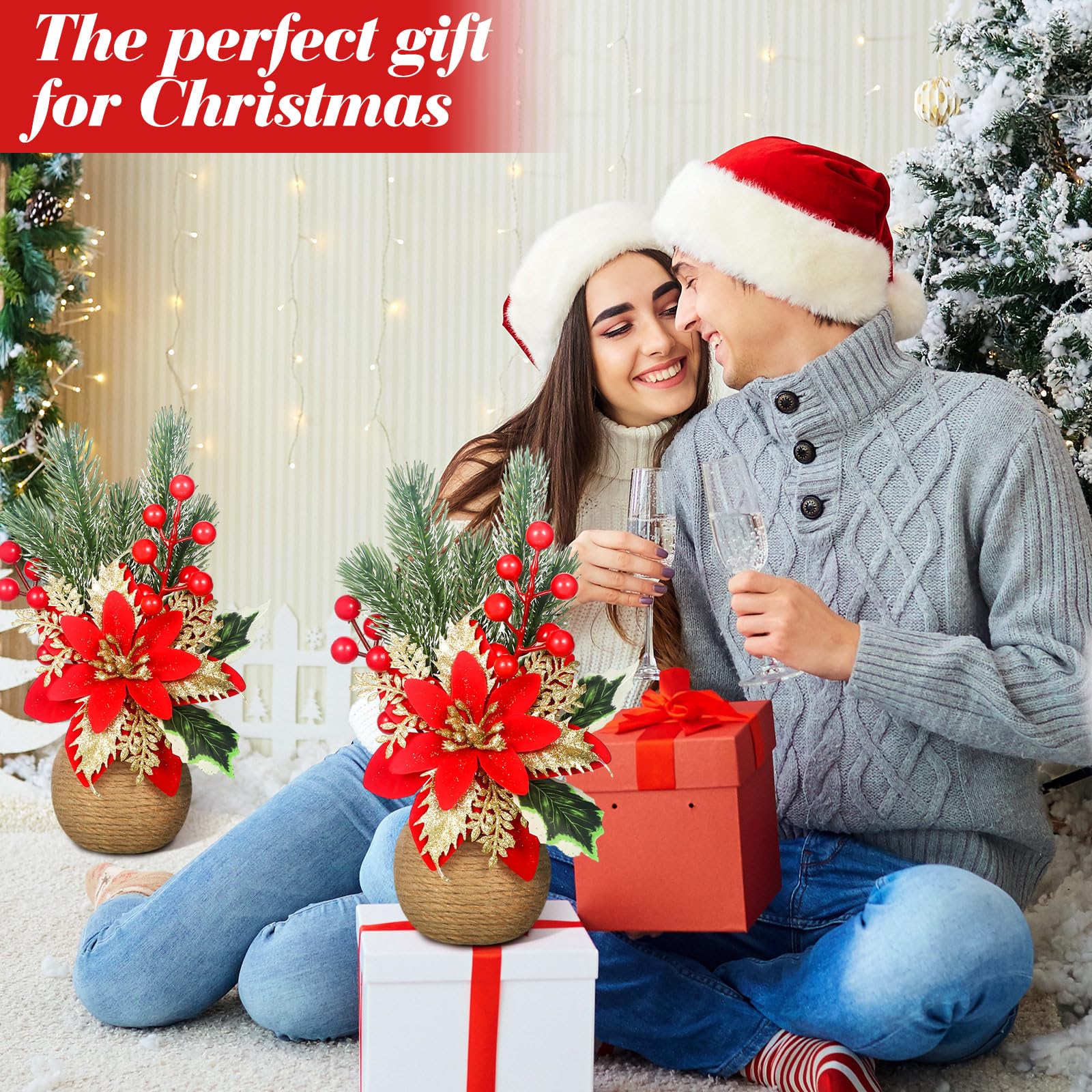 Zeyune Künstliche Weihnachtssterne mit roten Tannenzapfen, Weihnachtsstern und Stechpalmenbeeren, Seidenblumenarrangements, dekorativer Topf, Grün, Urlaub, Heimdekoration, 8 Stück