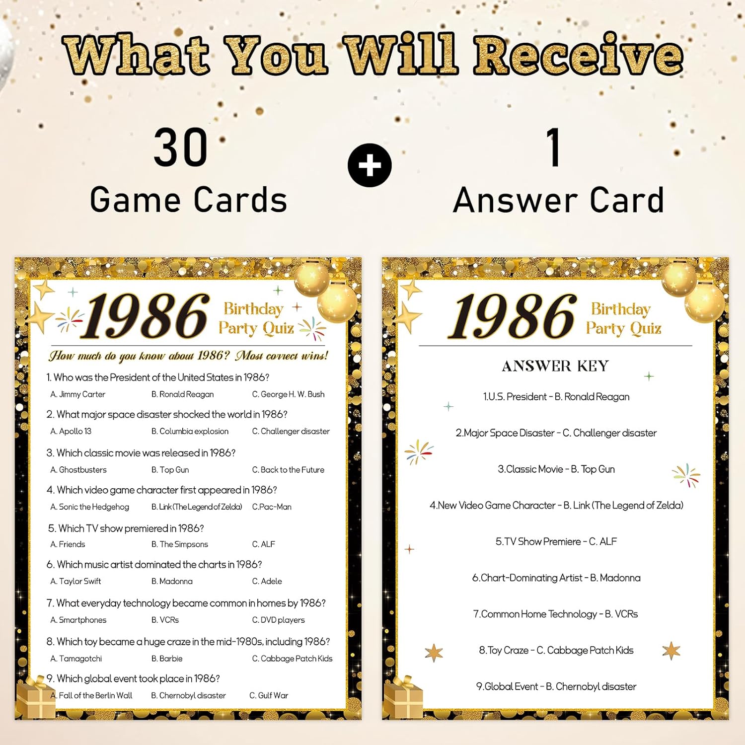 HOMANGA 40th Birthday Party Games, 1986 Quiz & Guess the Price Game Cards, Black Gold 40th Birthday Party Supplies for Men Women, Pack of 30 Cards