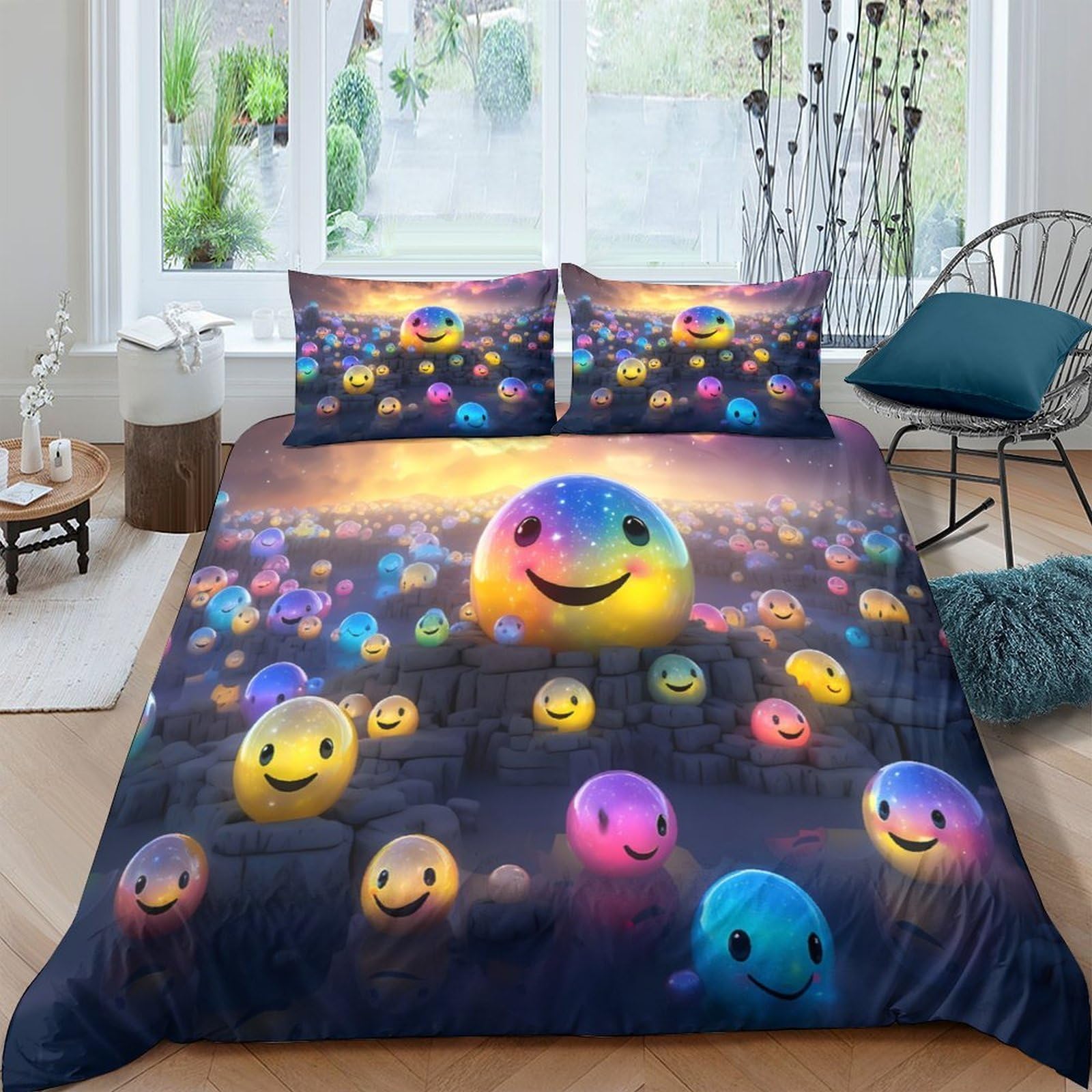 Ctjqhvkz Style-7 3D Printed Colorful Smiley Fitted Sheet Microfiber Soft Bedroom Decor Rainbow Emoji Mattress Cover Anti-Slip Easy Care Single（135X200cm）