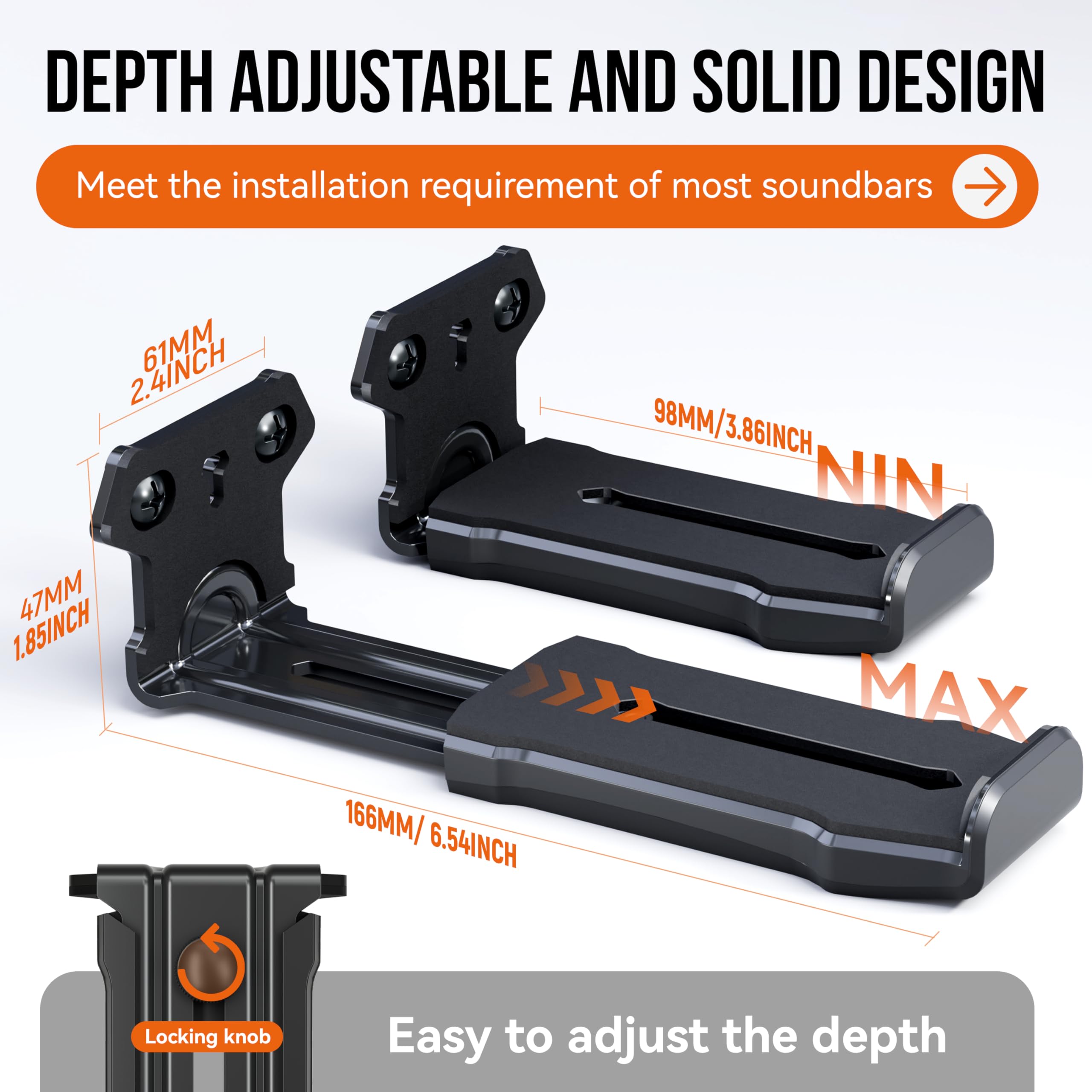 Soundbar Wall Mount, Heavy Duty Construction Holds 38 lbs, Depth Adjustable 3.8”-6.5”, Universal Sound Bar Mount Under TV for Samsung, Bose, Sony, LG, Vizio, JBL, Sonos & More, Black - 5
