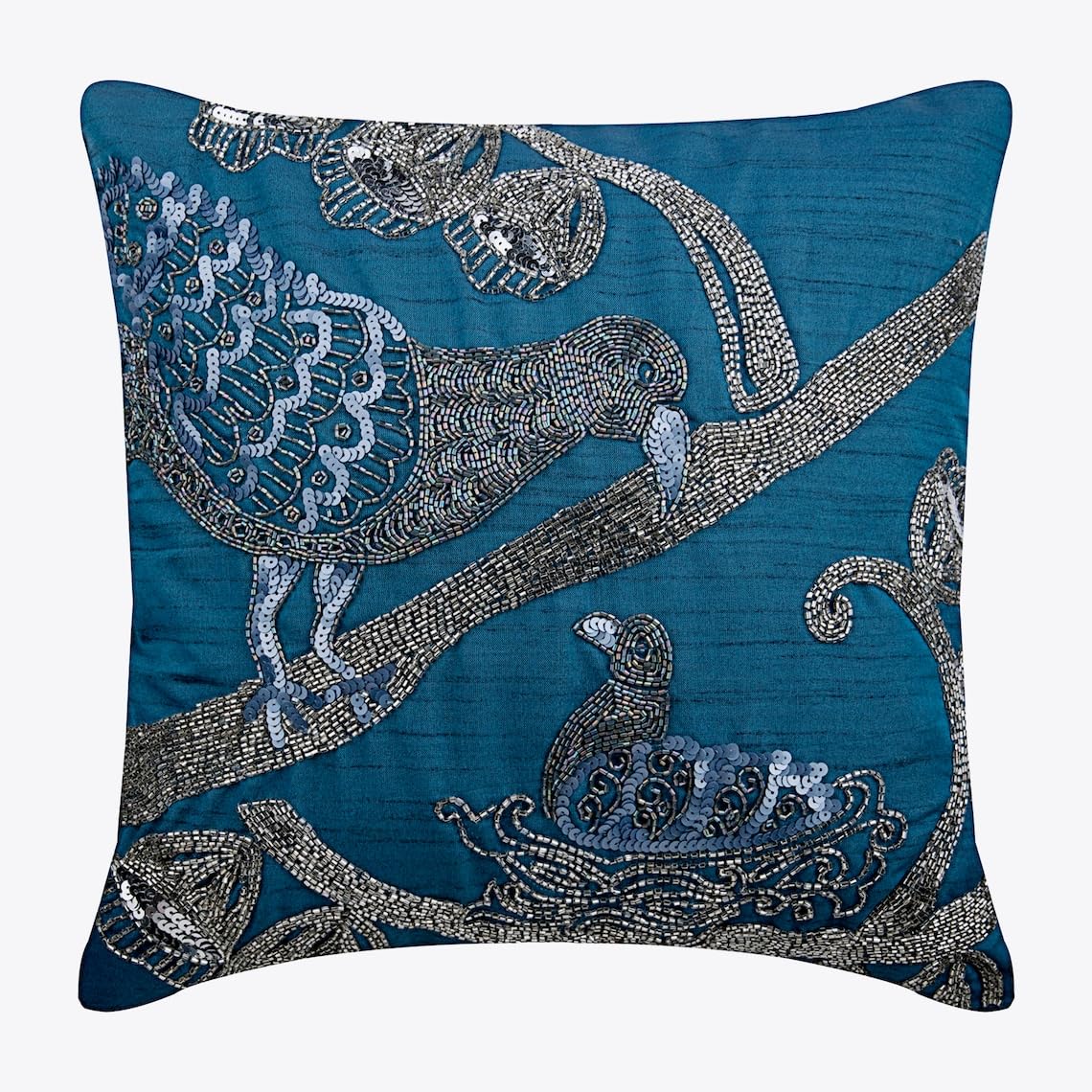The HomeCentric 55x55 cm (22x22 inch) Throw Cushions Cover, Blue Throw Cushion Covers, Beaded Bird Theme Throw Cushions Cover, Art Silk Square Throw Cushion Covers, Floral - Birdy Love โ image 1