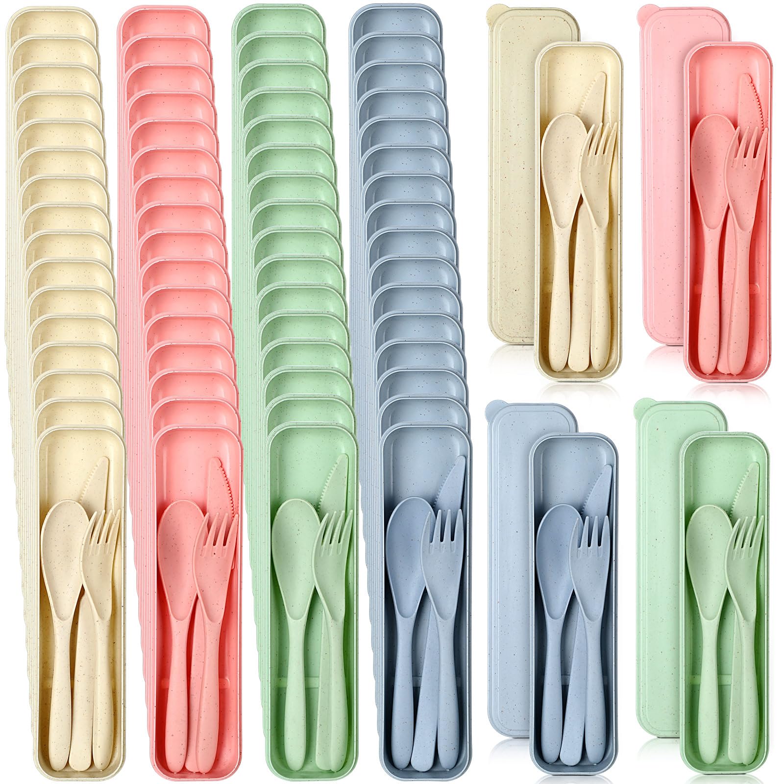 Jinei 50 Sets Wheat Straw Utensils Reusable Travel Utensils Set with Case Portable Spoon Knife Forks Dinnerware Eco Friendly Cutlery for Kids Adults Camping