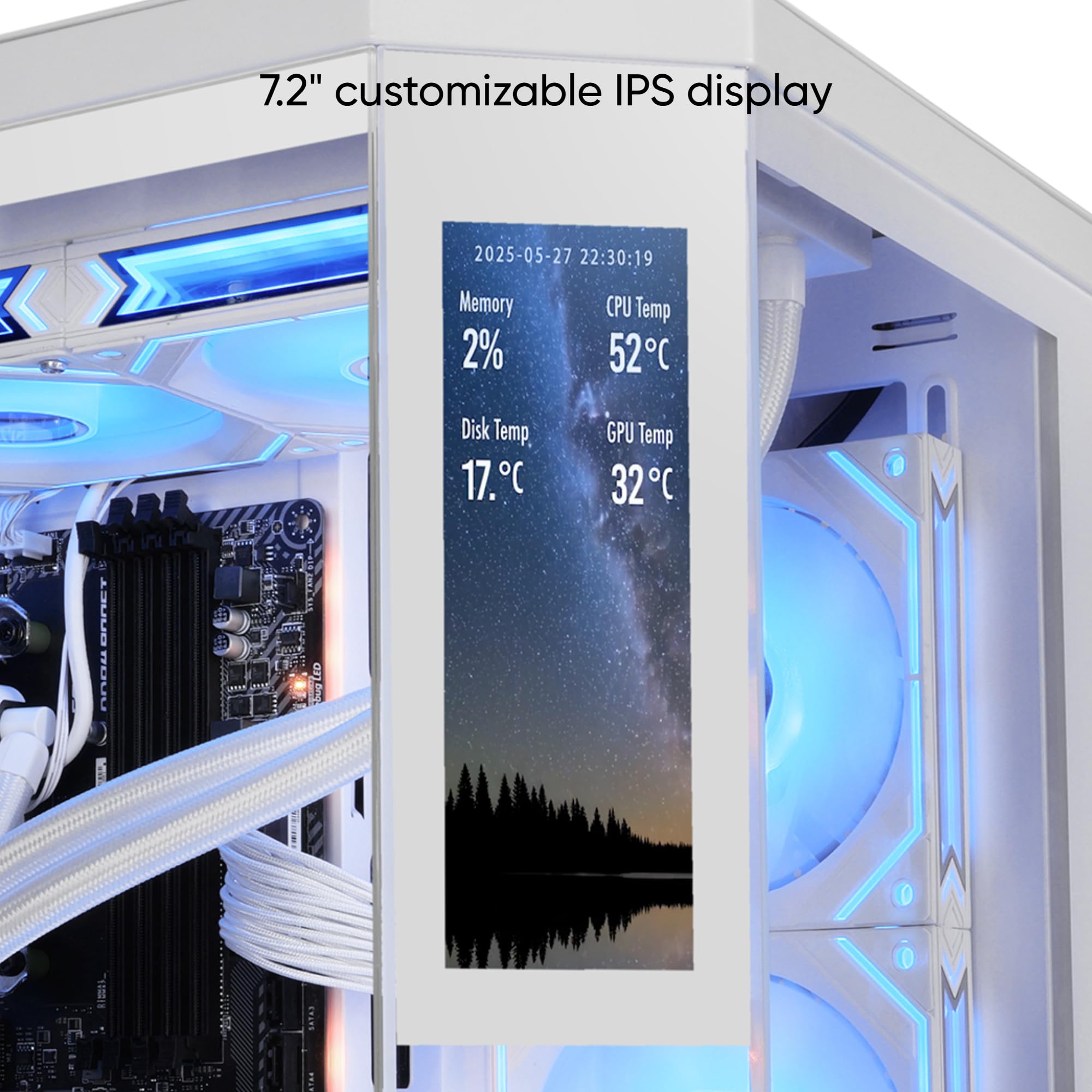 Mars Gaming MC-3TCORELCDM Obudowa Gaming Micro-ATX, Personalizowany ekran IPS 7,2”, Potrójne szkło hartowane, Podwójna boczna komora, Obsługa chłodzenia cieczą do 360mm, Biały