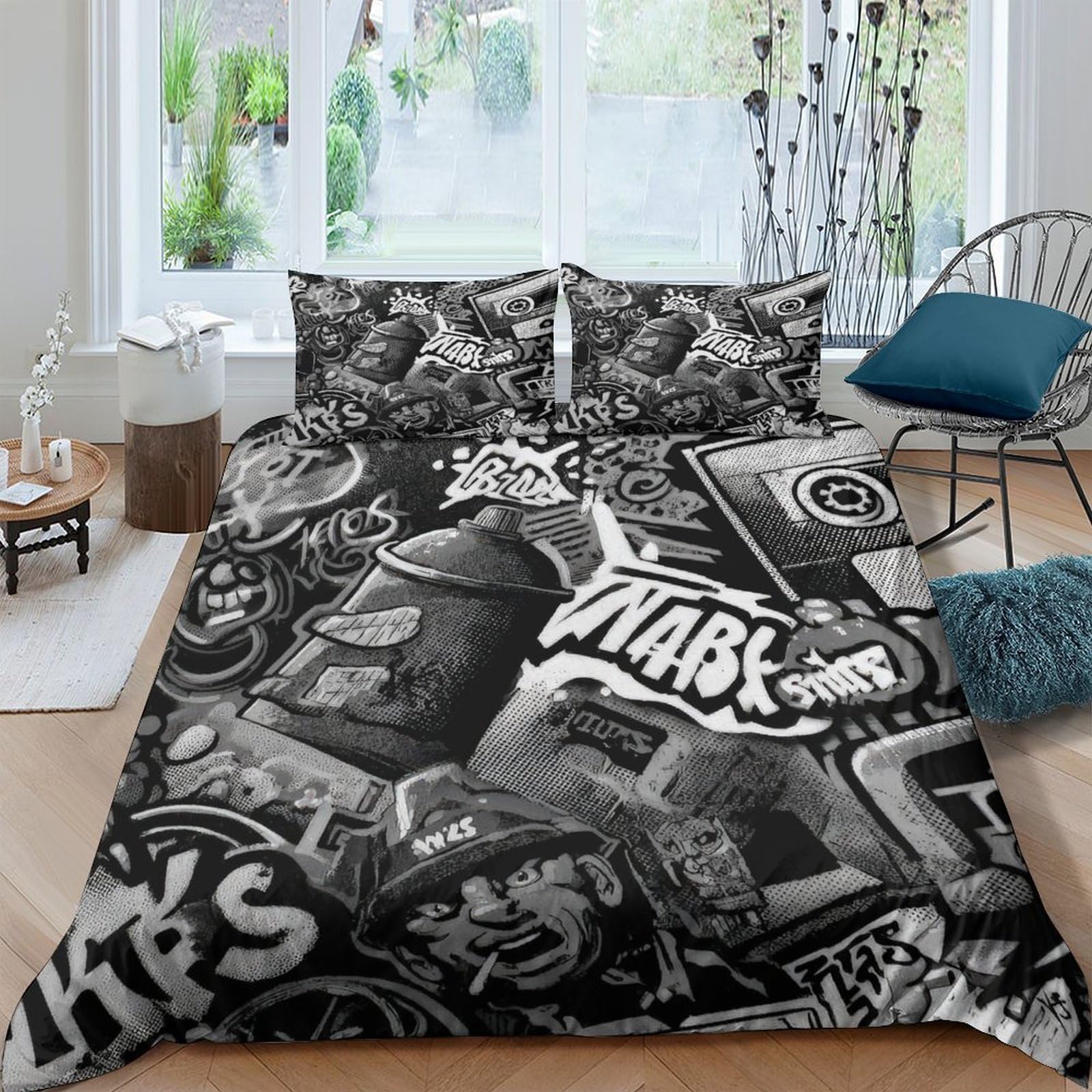 Ctjqhvkz Style-6 3D Printed Graffiti Art Fitted Sheet Microfiber Black White Urban Street Mattress Cover For Bedroom Dorm Decor Single（135X200cm）