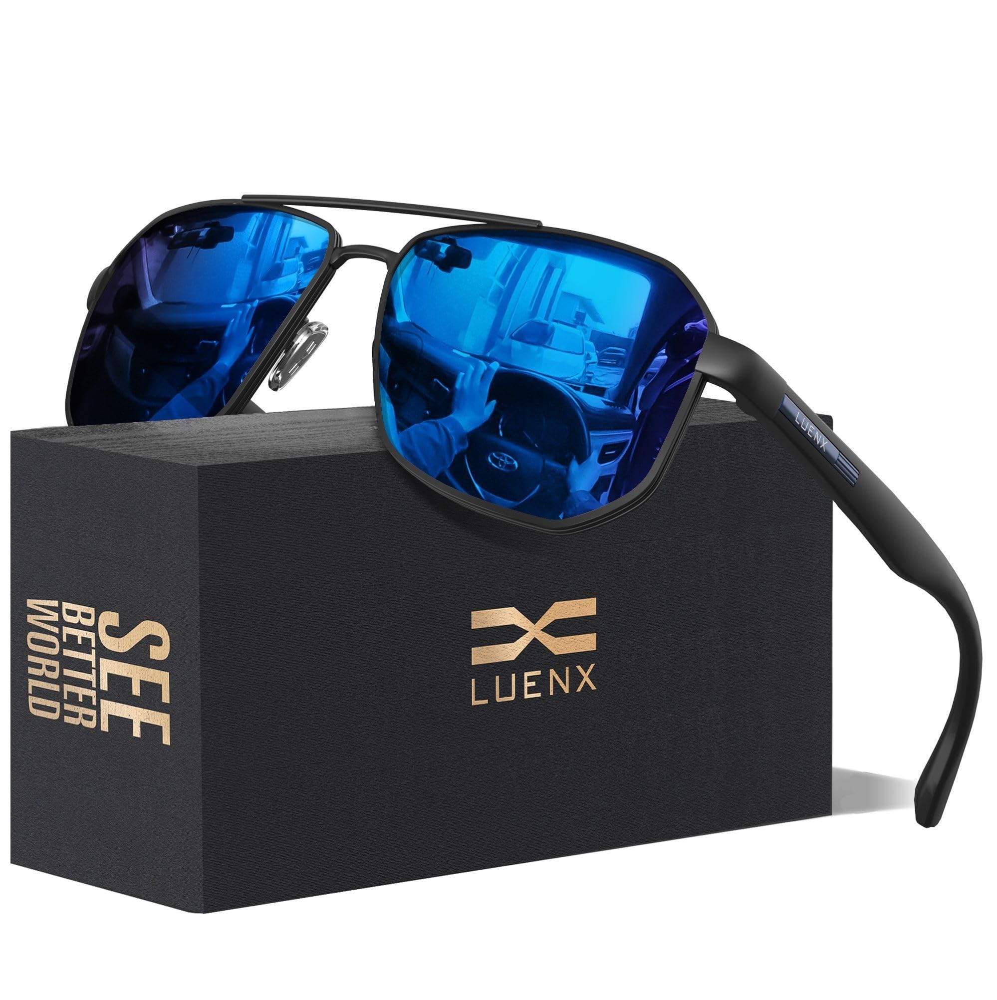 Aviator Sunglasses for Men Square Polarized Polygon Lens - UV 400 Protection with Accessories 61MM Driving Outdoor