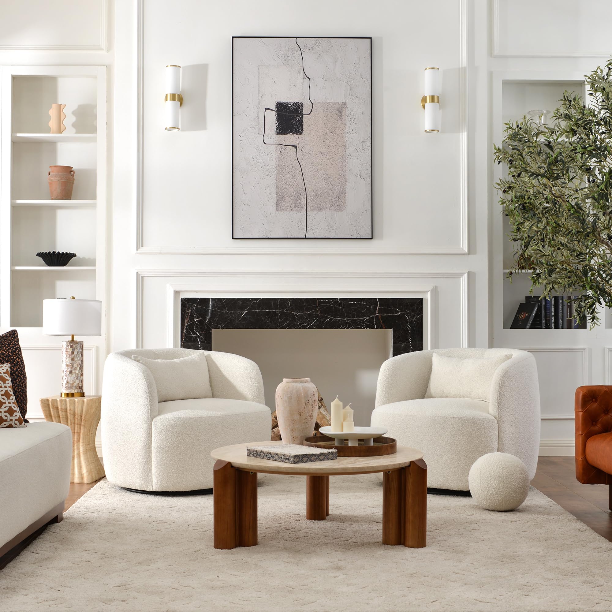 KINWELL 34" Wide Sherpa Swivel Barrel Chairs Set of 2, No Assembly Round Boucle Upholstered Accent Chairs Armchairs Single Sofa Chair with Toss Pillow