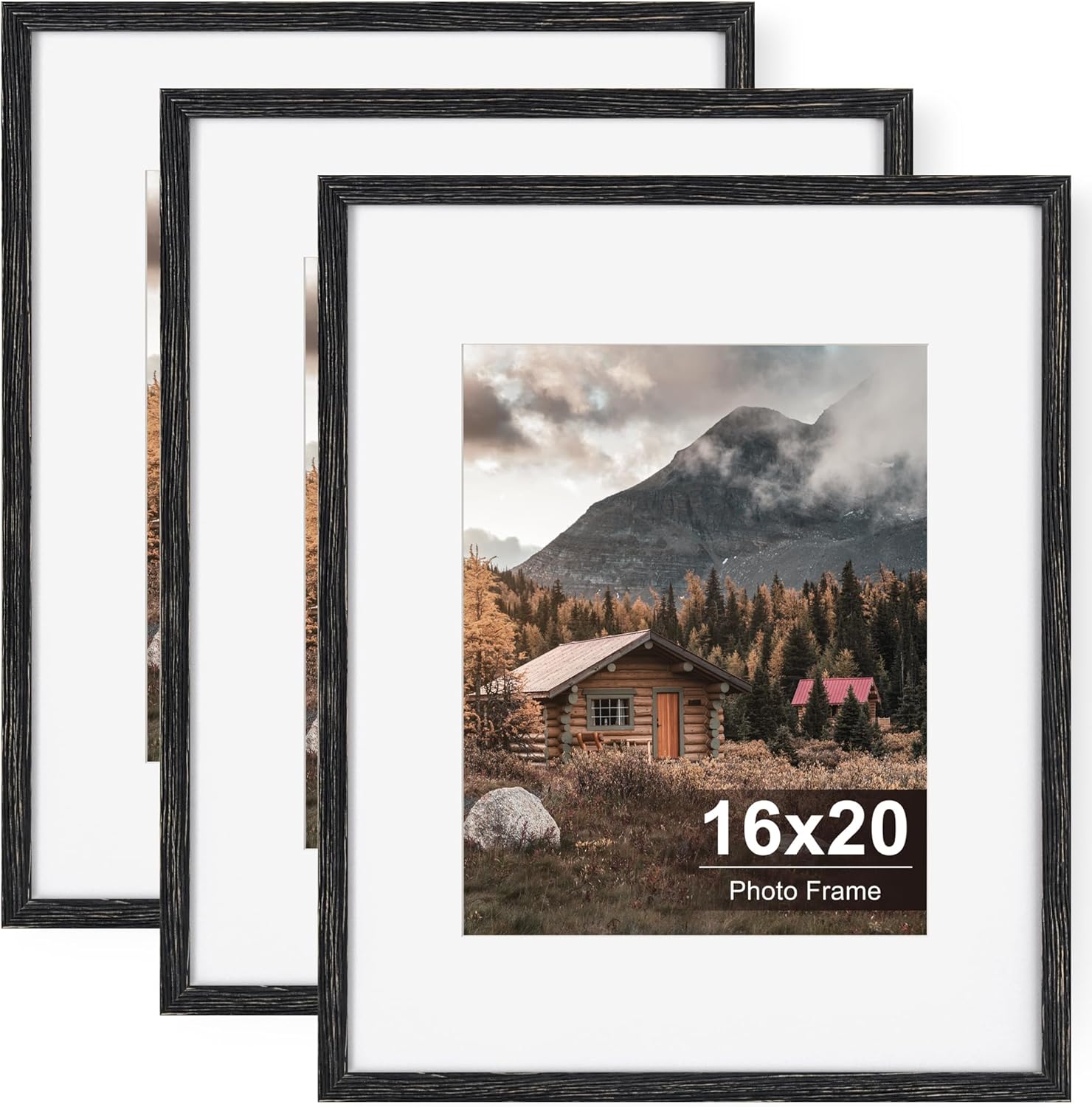 16x20 Frames, 3 Pack Rustic Picture Frames Distressed Black, Wooden Picture Frames 16x20 with Mat for 11x14, Farmhouse 20x16 Picture Frame with Plexiglass for Wall Mount Horizontally or Vertically - Black 16x20-3P Black