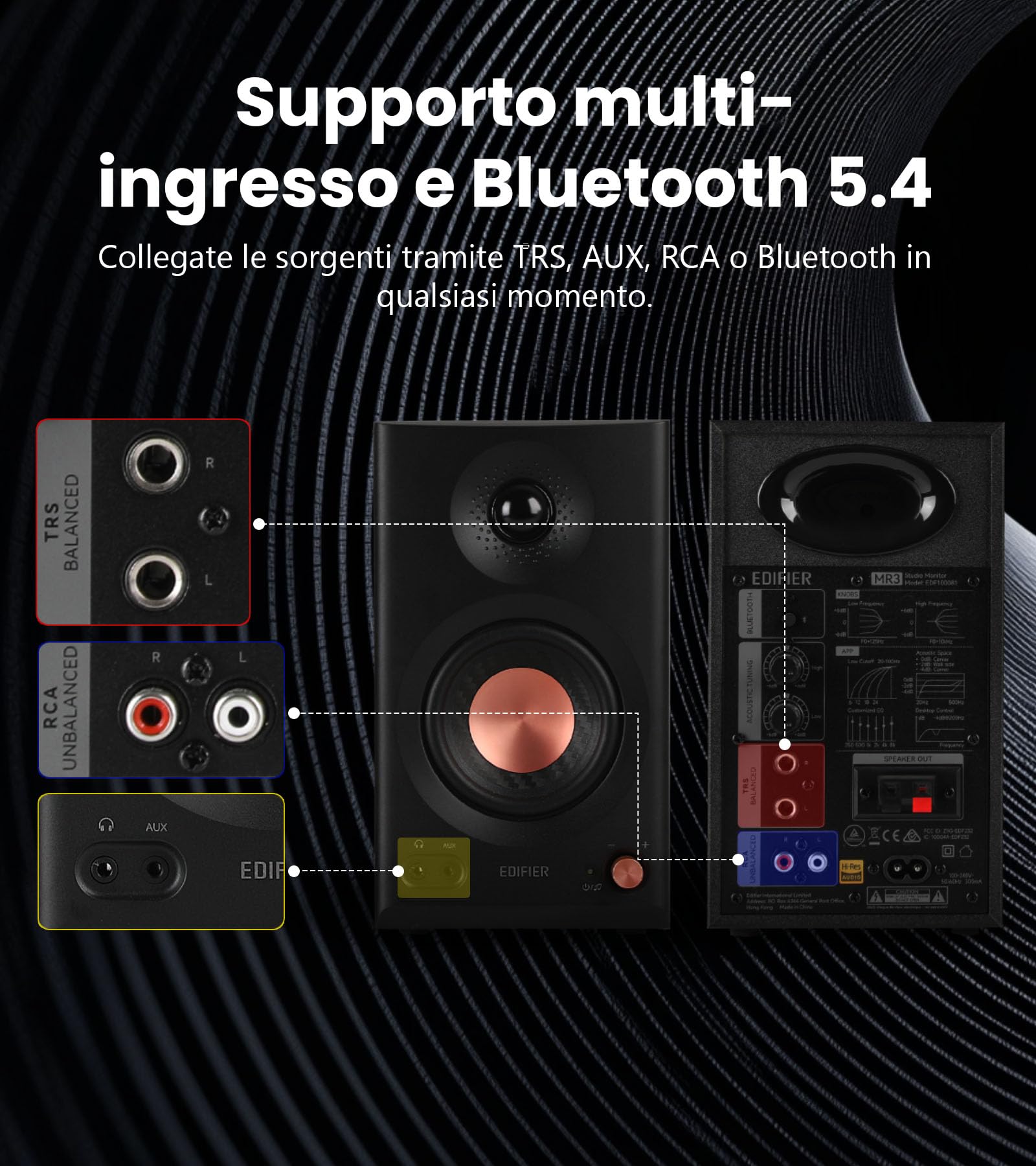 Edifier MR3 - Altoparlanti da Studio Compacts 2.0, Hi-Res Audio, Bluetooth V5.4, Controlli Fisici RCA, AUX, App Mobile, 2 x 18 W, Nero