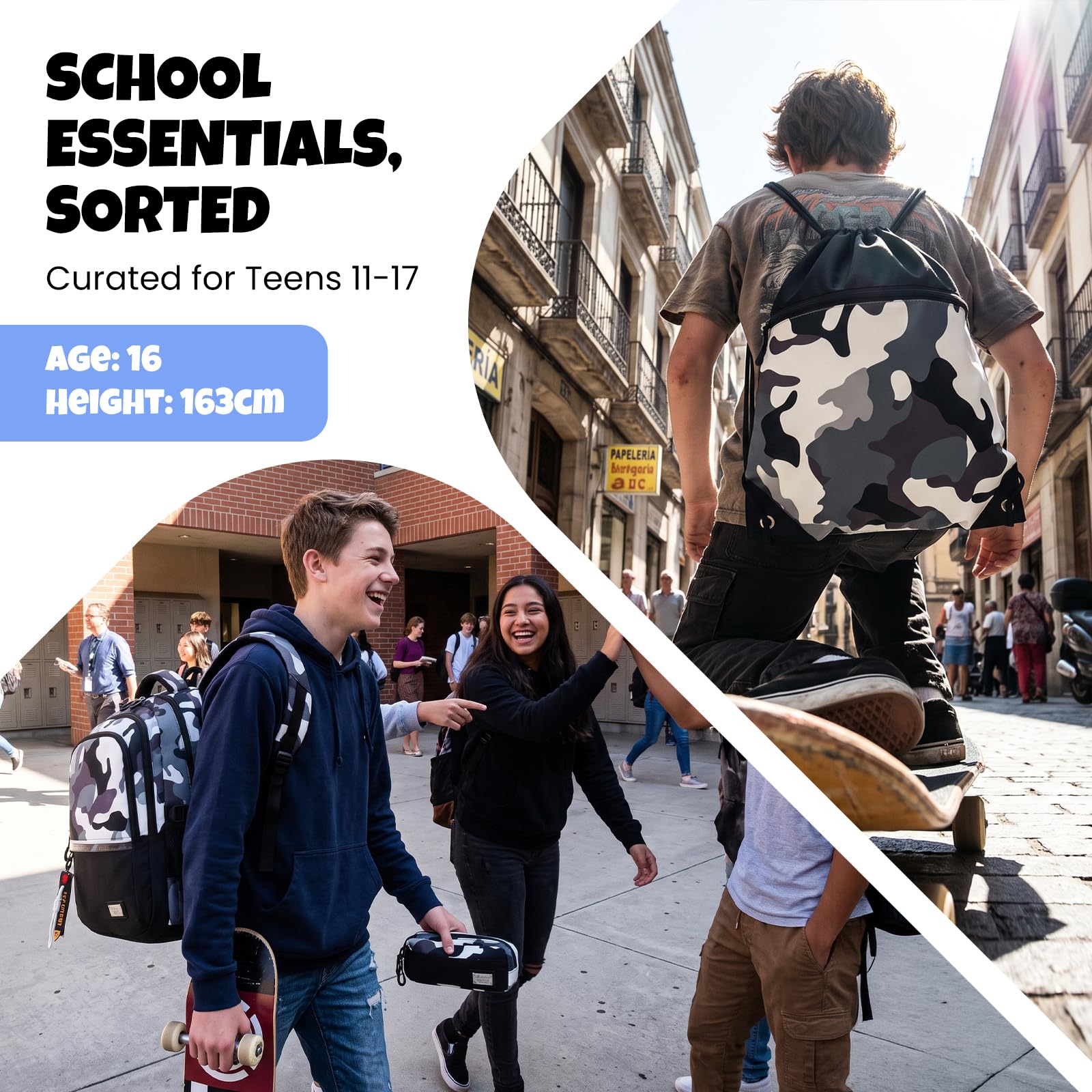 Amythe Schulrucksack-Set Jungen – 3-teilig ab Klasse 5, zum Schulanfang | Set: Rucksack Teenager + Drawstring-Bag + Federmäppchen. Leicht (650g). Wasserabweisend. 15,6" Laptopfach. Trolley-kompatibel