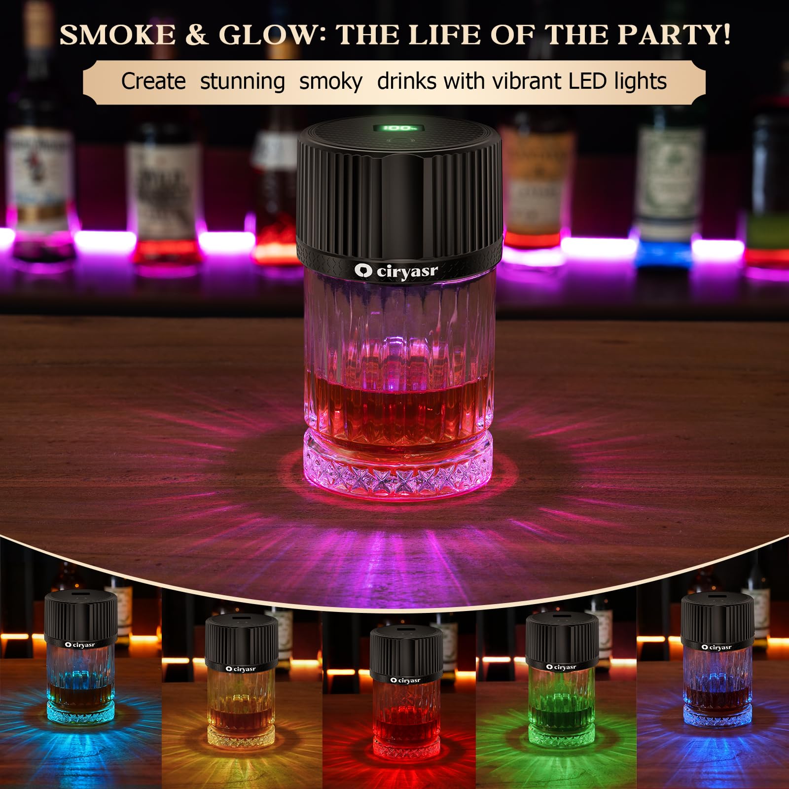 Kit de ahumador de Whisky, Kit de Ahumador de Cóctel con 6 sabores Chips de Madera, 6 Modos de luz, Recargable, Kit de ahumador de Bebidas Antiguas,Regalo para Padres, Esposos y Amantes Los Cócteles