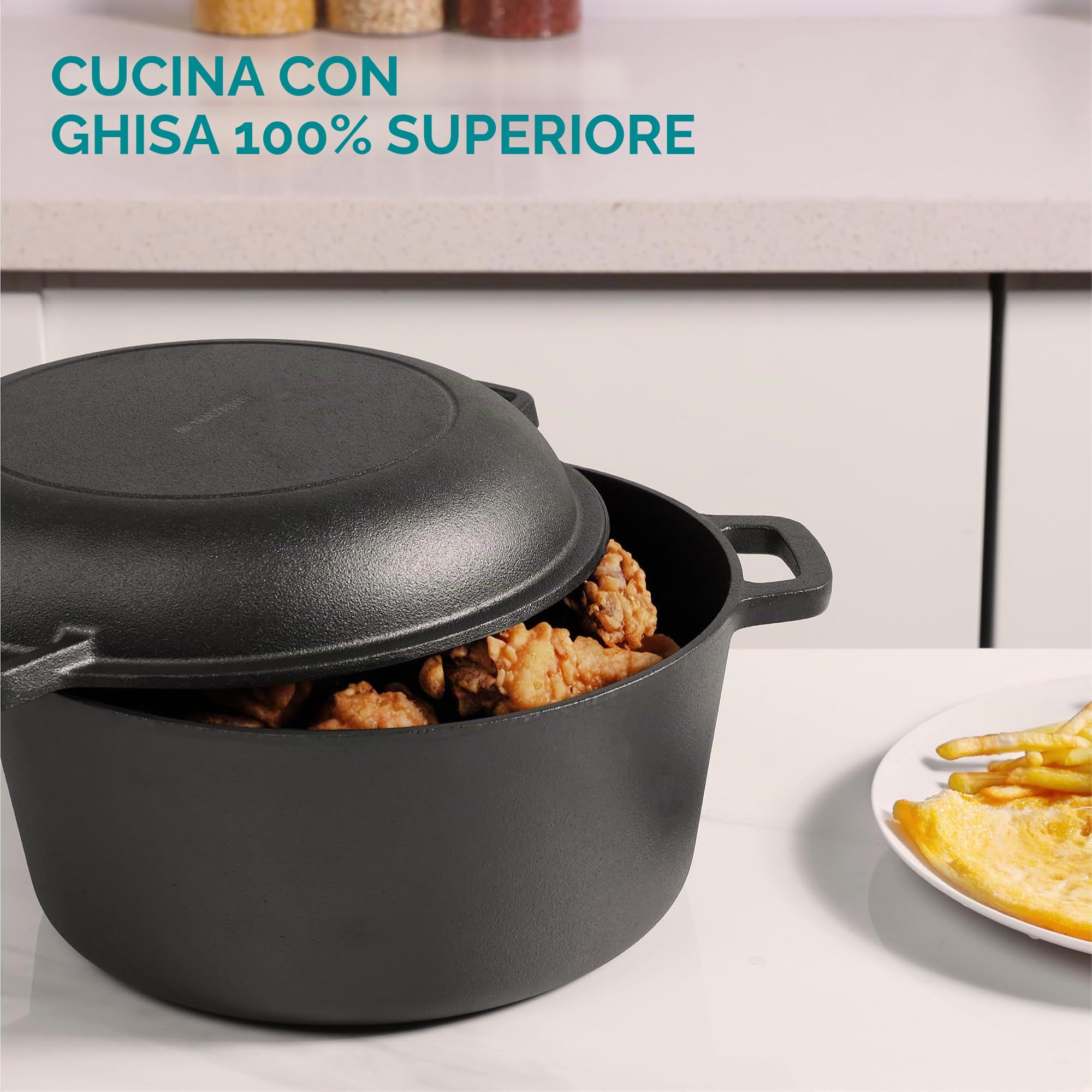 Navaris Pentola in Ghisa da Forno con Coperchio - Pentole e Padelle per Cuocere il Pane - Forno Olandese 4,7 l Ø 26 cm - Casseruola 2 Manici 2-in-1 - per Ogni Piano Cottura - Nero