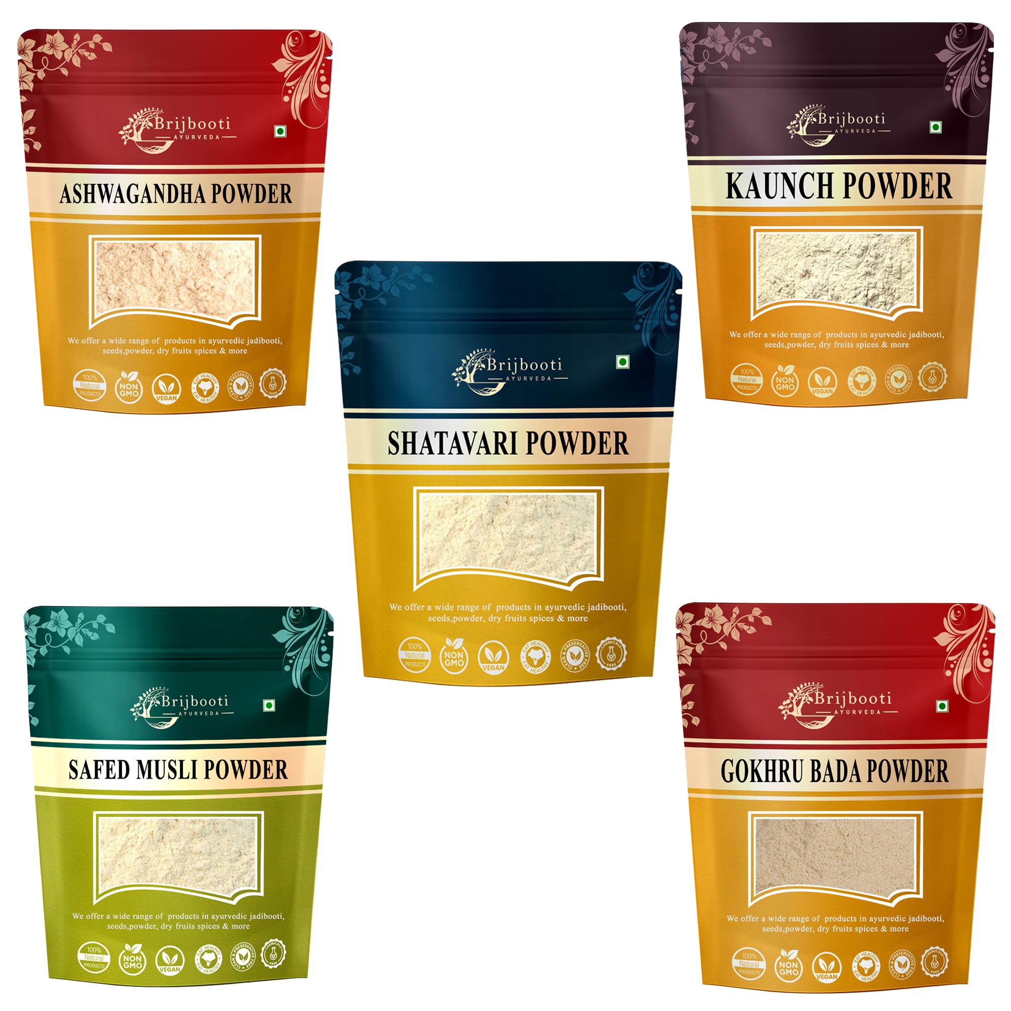 Brijbooti Safed Musli - Ashwagandha - Kaunch - Shatavari - Gokhru Bada (Powder) 180 Gr Each