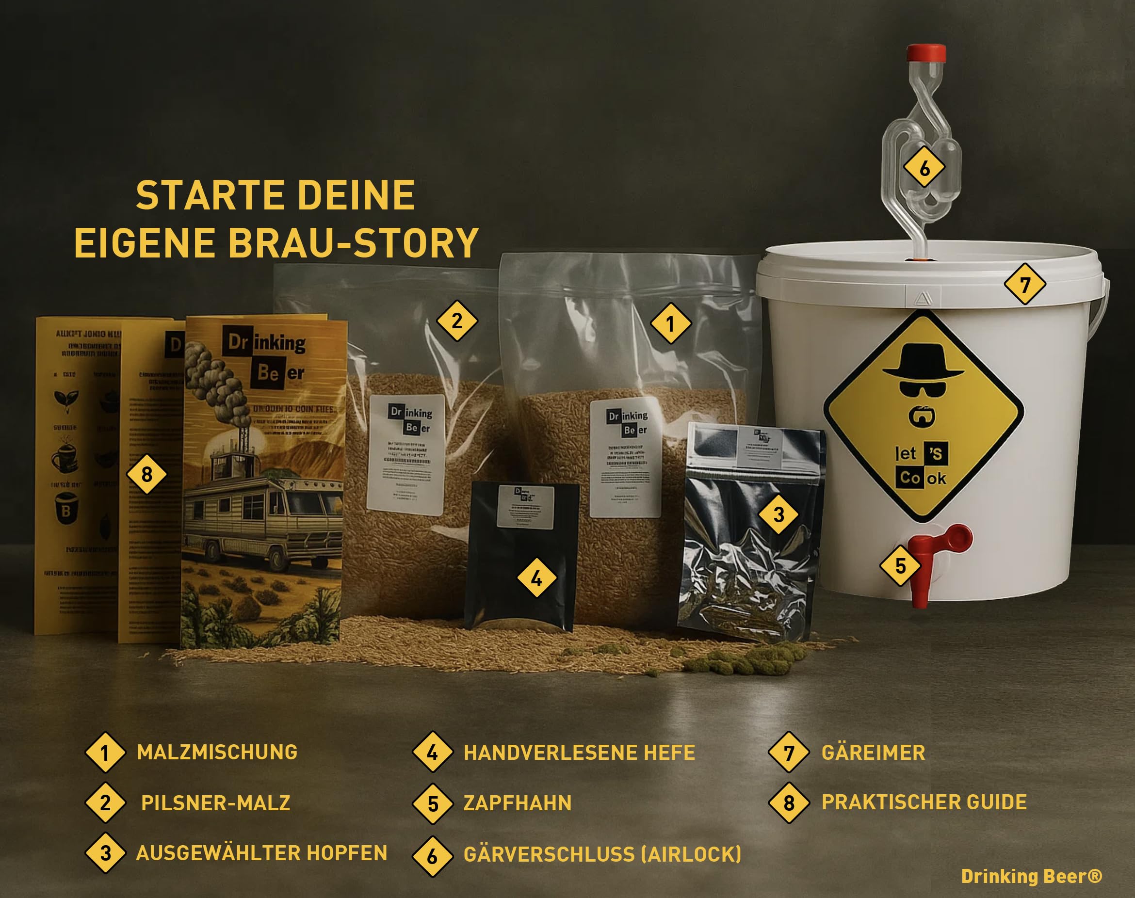 Drinking Beer® | Bierbrauset zum Selberbrauen – Komplettes Bier Brauen Set für Zuhause – 5L Braufass – Traditioneller Brauprozess mit Malz & Hopfen – Biergeschenk für Männer & Väter