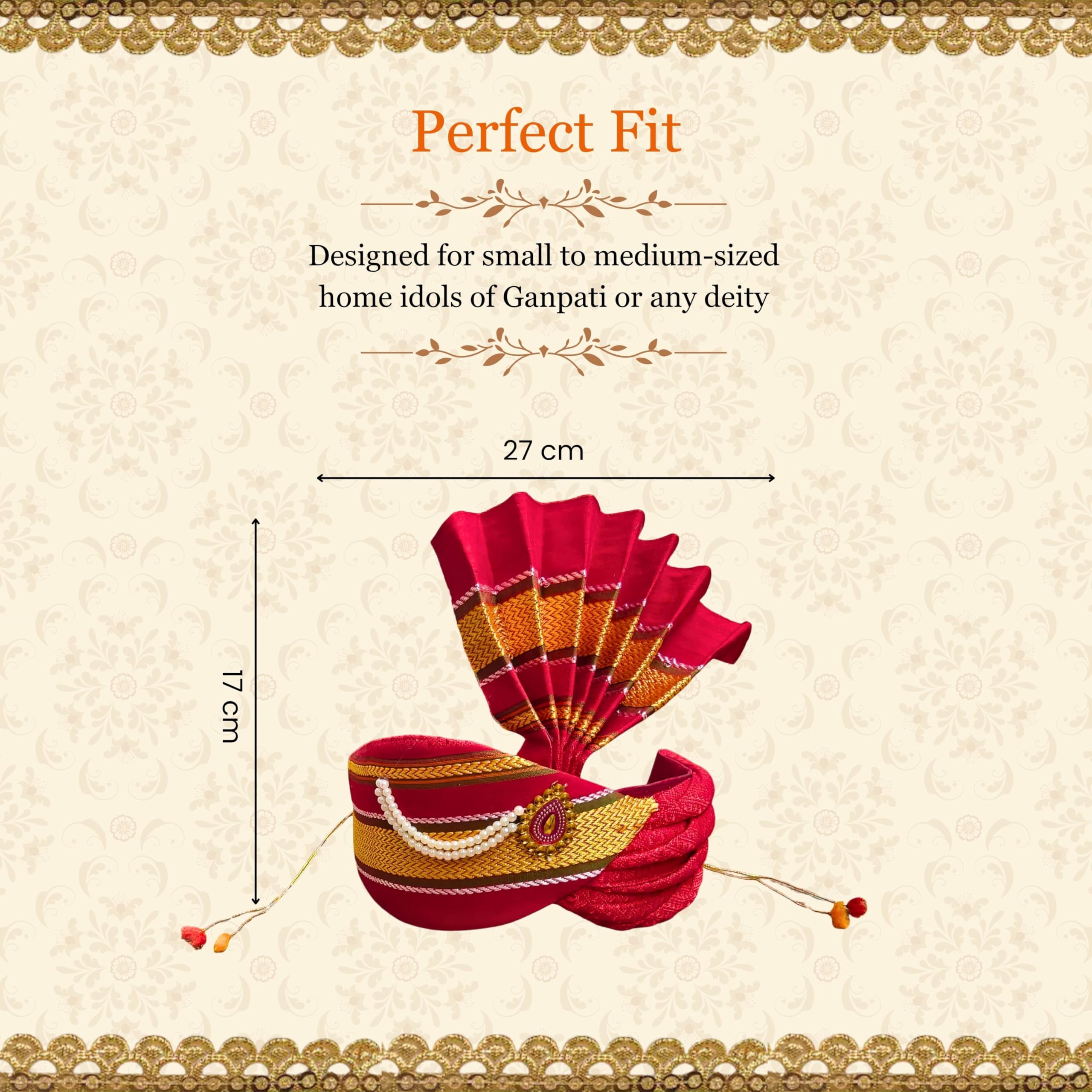 PUNYATVA Ganesh Feta Mukut (Turban, Khun, Red) / Adjustable Ganesh Pheta, Gauri Ganpati Festival Decoration Accessories, Ganpati Jewellery, Crown, Makhar, Traditional Pagdi, God Idol Headgear 2