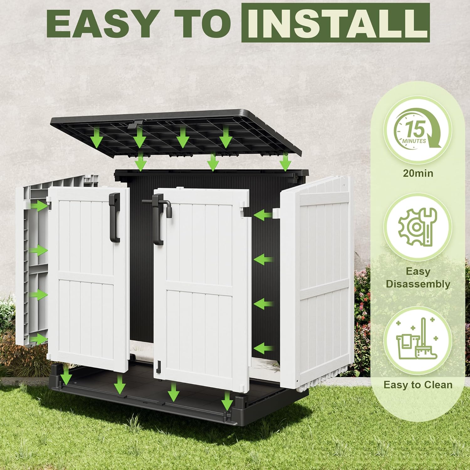 Plastic Outdoor Storage Shed, 36 Cu Ft Waterproof Outdoor Storage Cabinet with Dual Lock Door for Backyard, Patio, Garage, Garden to Store Tools & Accessories, Wood-Grain（Ashen