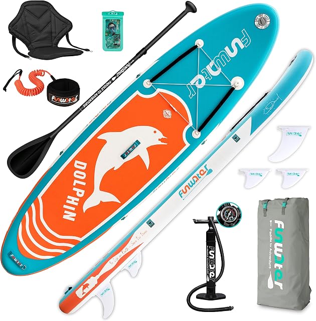 FunWater Inflatable Stand UP Paddle Board 320x84x15cm Ultra-Light Included ISUP, Adj Paddle, Pump, SUP Backpack, Leash, 3 Fins, Kayak Seat, Waterproof Bag, Non-Slip Deckpad