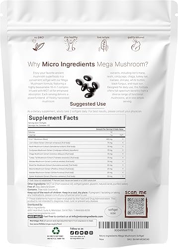 Miniatura 2 de Suplemento de mega hongos | 240 cápsulas blandas con aceite MCT para una mejor absorción | Complejo definitivo 10 en 1 con chaga, melena de león,